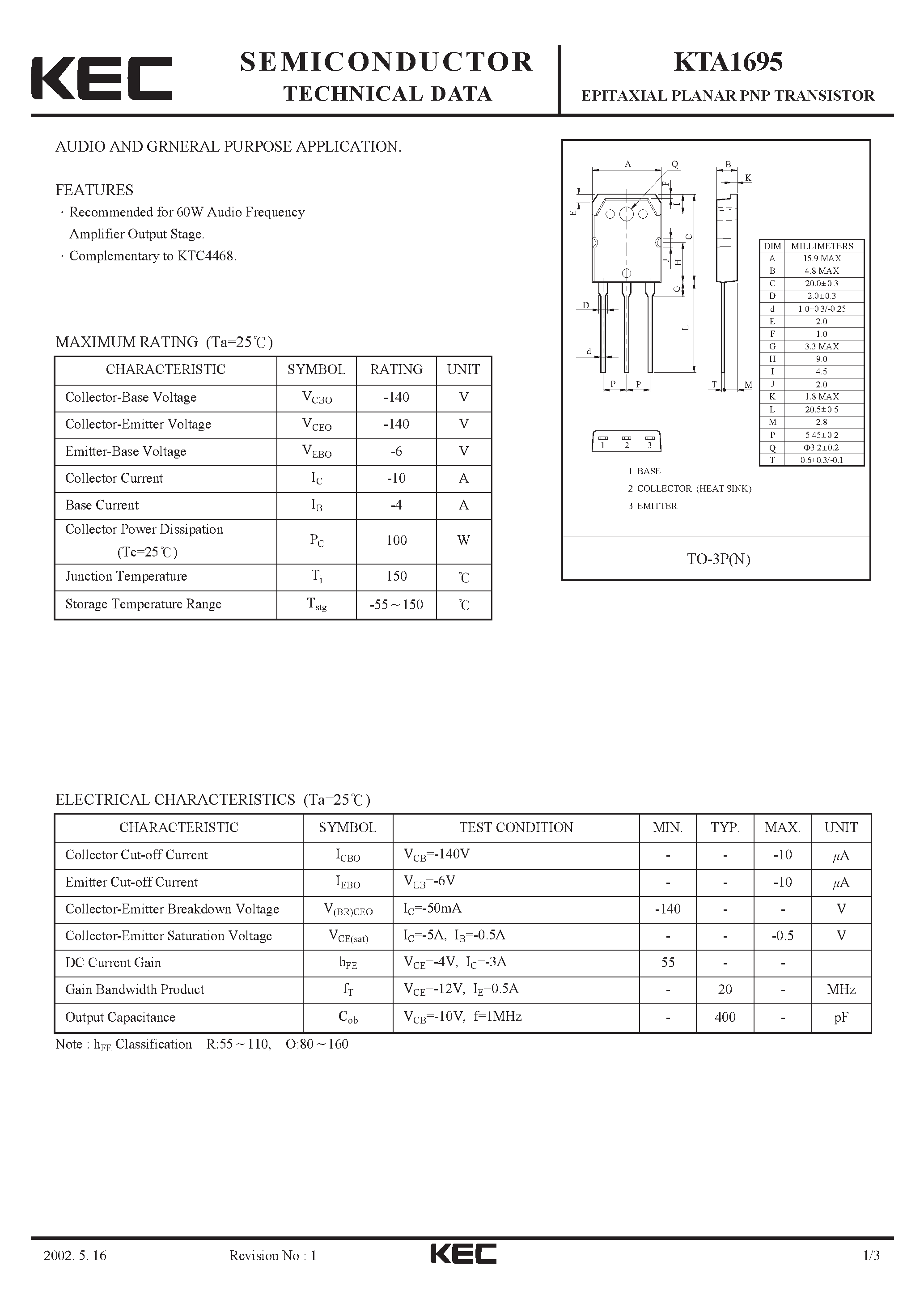 Даташит KTA1695 - EPITAXIAL PLANAR PNP TRANSISTOR (AUDIO AND GRNERAL PURPOSE) страница 1