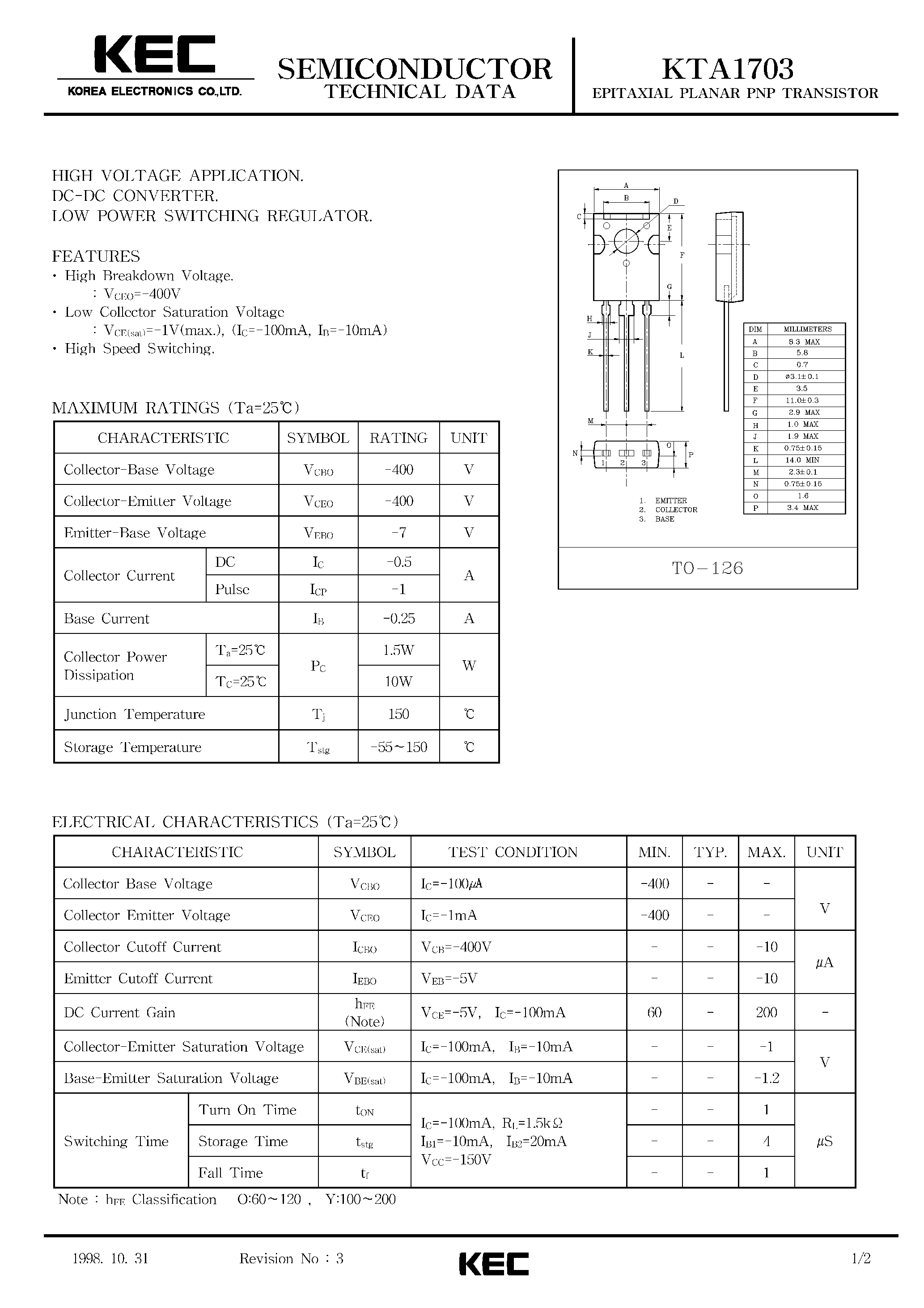 Даташит KTA1703 - EPITAXIAL PLANAR PNP TRANSISTOR (HIGH VOLTAGE/ DC-DC CONVERTER/ LOW POWER SWITCHING REGULATOR) страница 1