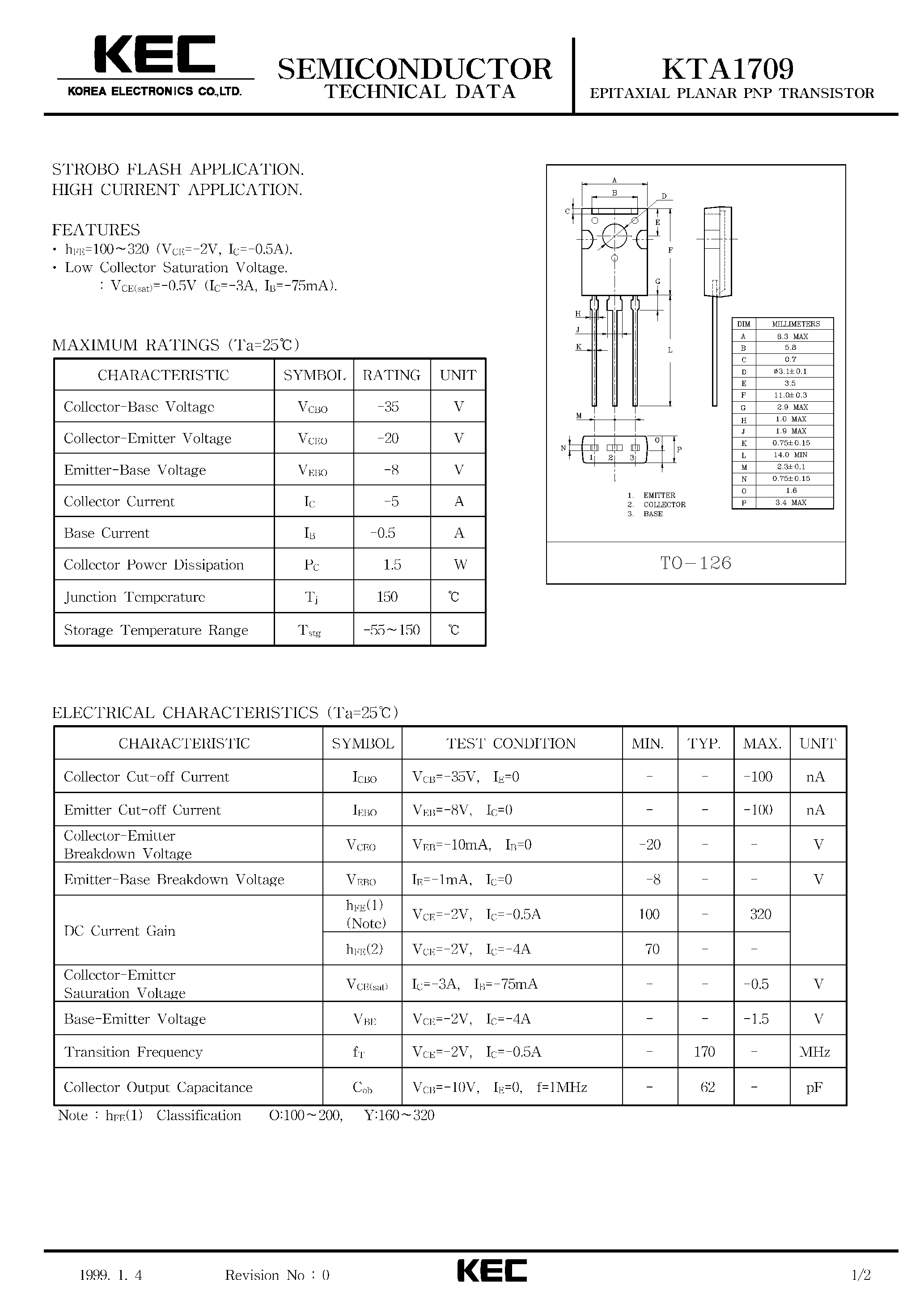 Даташит KTA1709 - EPITAXIAL PLANAR PNP TRANSISTOR (STROBO FLASH/ HIGH CURRENT) страница 1