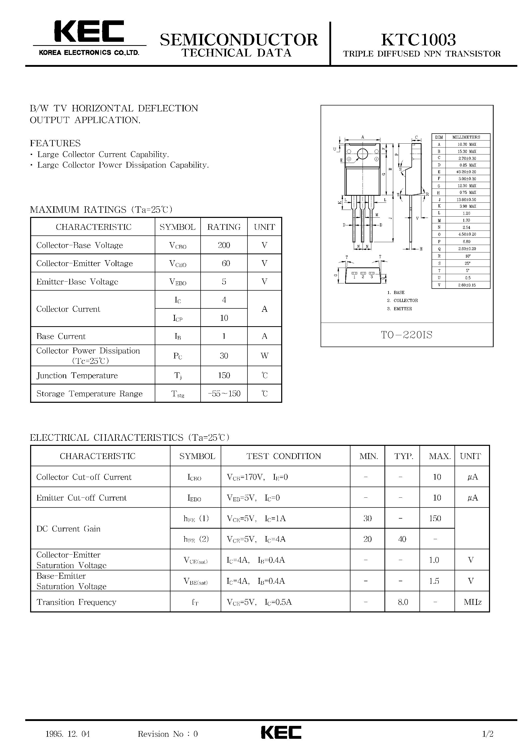 Datasheet KTC1003 - TRIPLE DIFFUSED NPN TRANSISTOR (B/W TV HORIZONTAL DEFLECTION OUTPUT) page 1