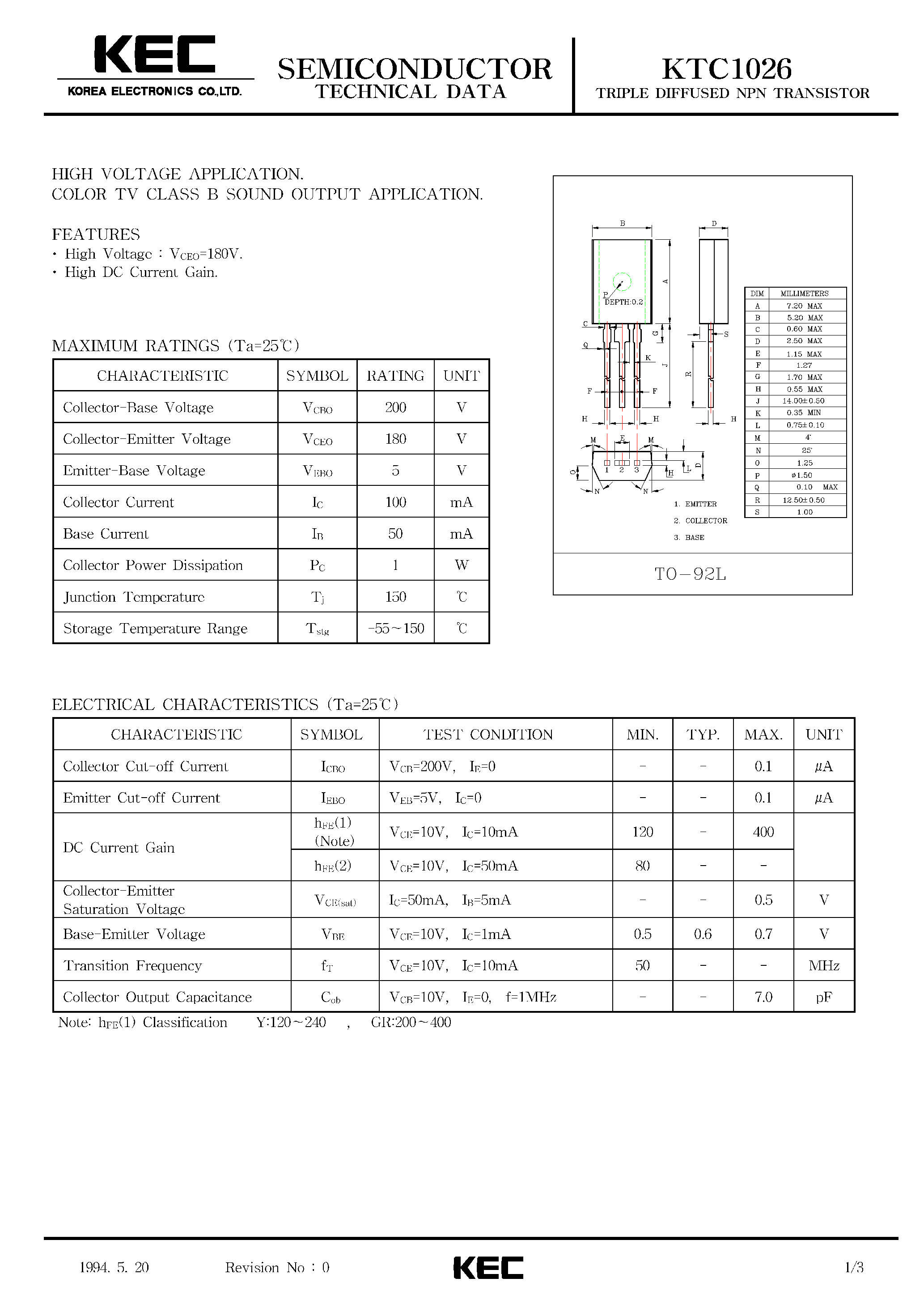 Datasheet KTC1026 - TRIPLE DIFFUSED NPN TRANSISTOR(HIGH VOLTAGE COLOR TV CLASS B SOUND OUTPUT) page 1