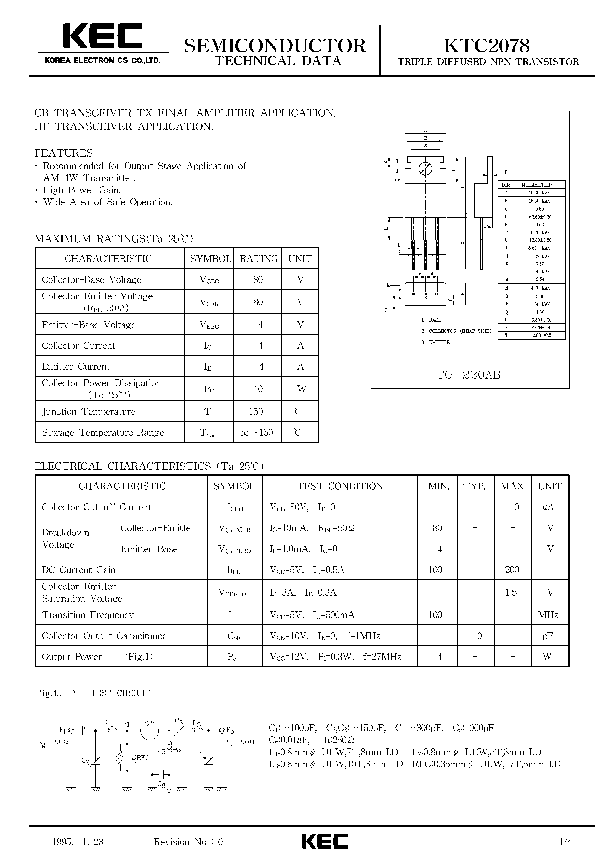 Даташит KTC2078 - TRIPLE DIFFUSED PNP TRANSISTOR(CB TRANSCEIVER TX FINAL/ AMPLIFIER/ HF TRANSISTOR) страница 1