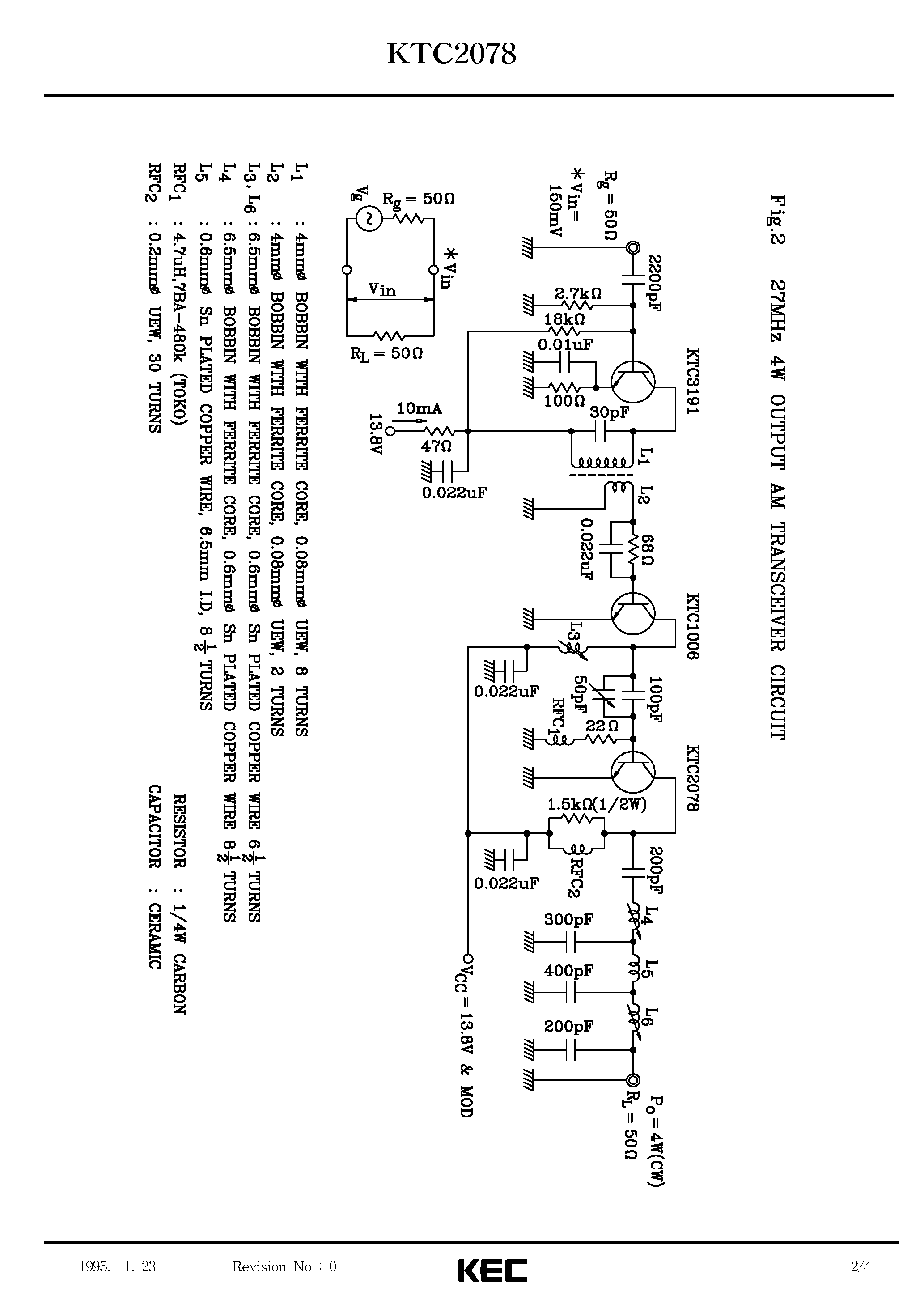 Даташит KTC2078 - TRIPLE DIFFUSED PNP TRANSISTOR(CB TRANSCEIVER TX FINAL/ AMPLIFIER/ HF TRANSISTOR) страница 2