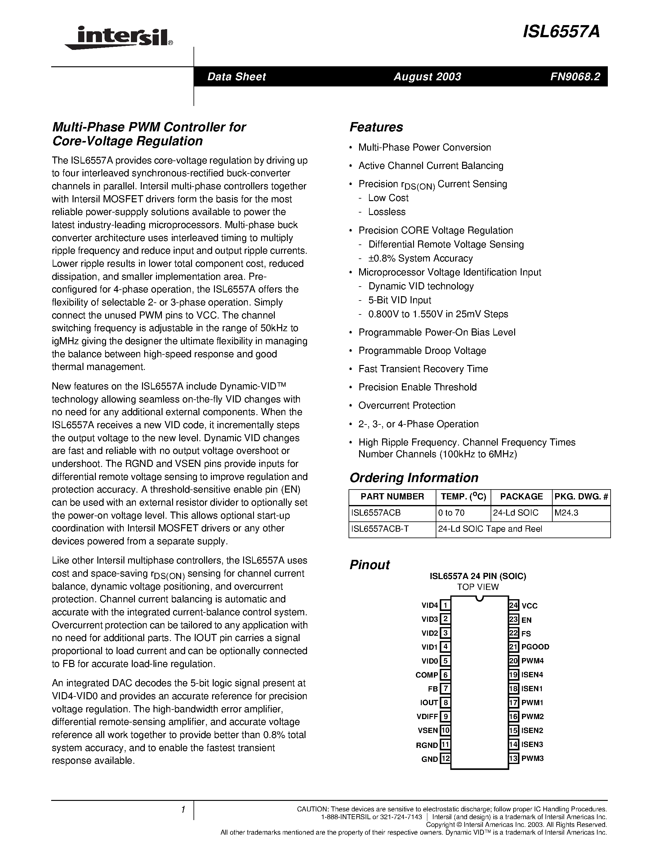 Datasheet ISL6557A - Multi-Phase PWM Controller for Core-Voltage Regulation page 1