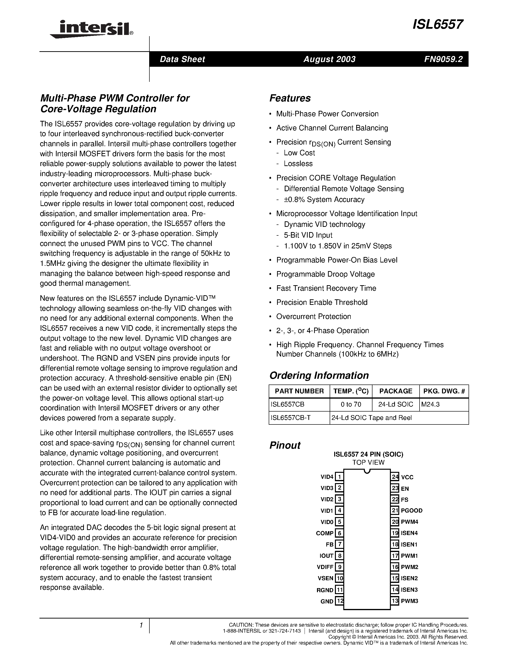 Datasheet ISL6557CB - Multi-Phase PWM Controller for Core-Voltage Regulation page 1