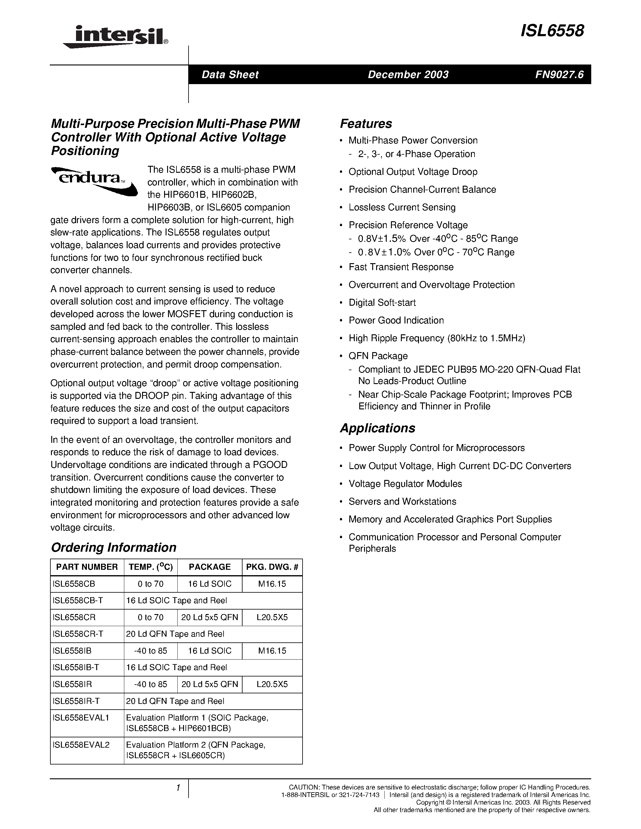 Datasheet ISL6558CR - Multi-Purpose Precision Multi-Phase PWM Controller With Optional Active Voltage Positioning page 1