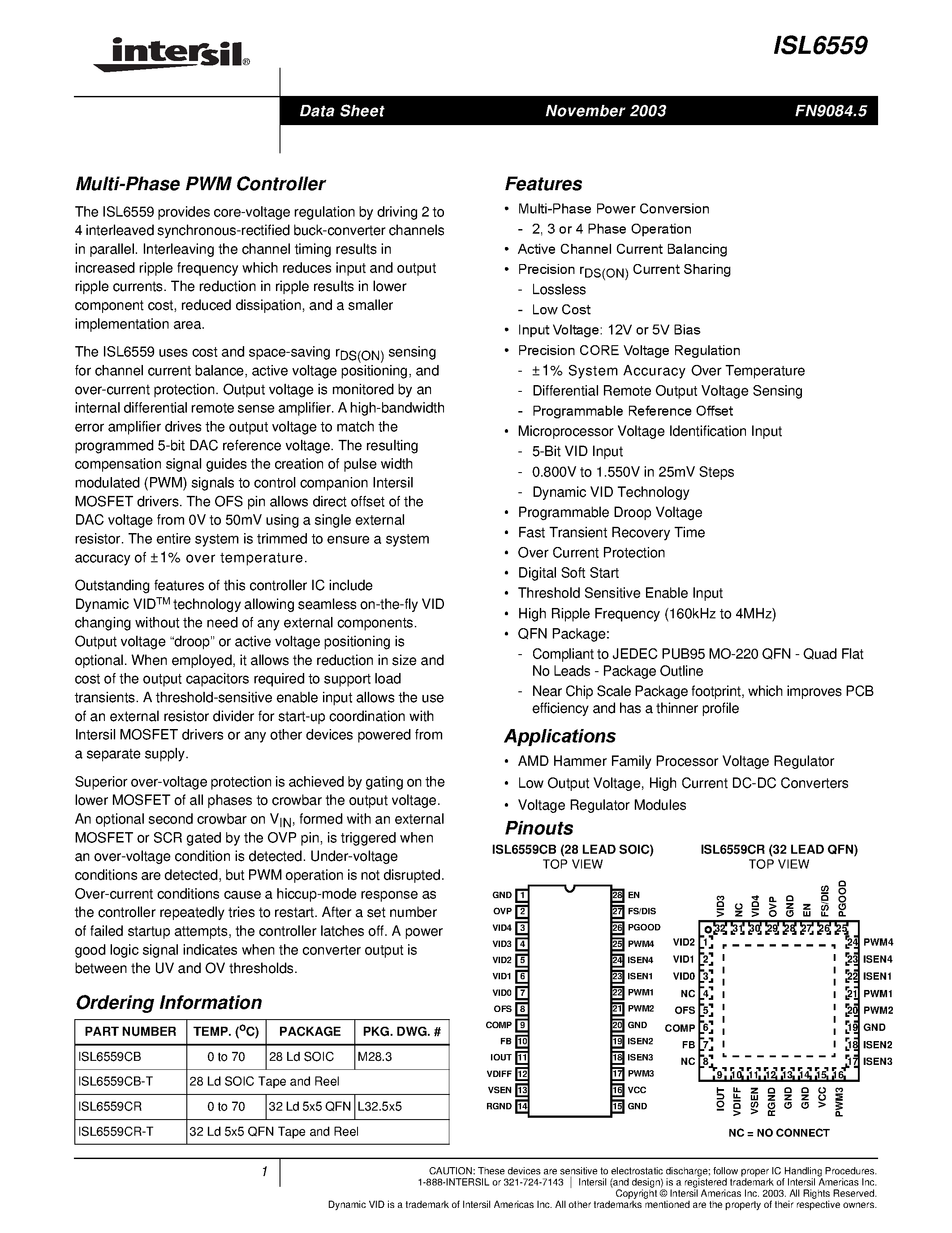 Datasheet ISL6559CB - Multi-Phase PWM Controller page 1