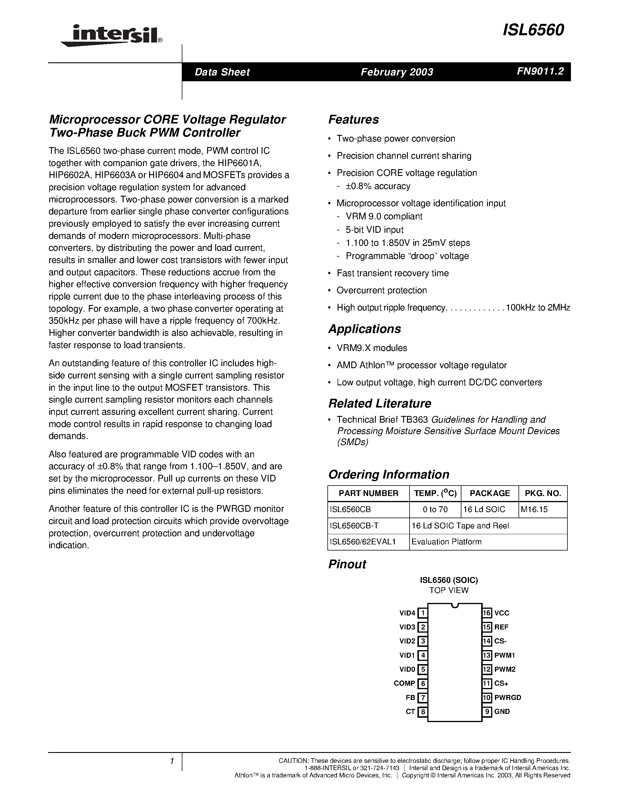 Datasheet ISL6560 - Microprocessor CORE Voltage Regulator Two-Phase Buck PWM Controller page 1