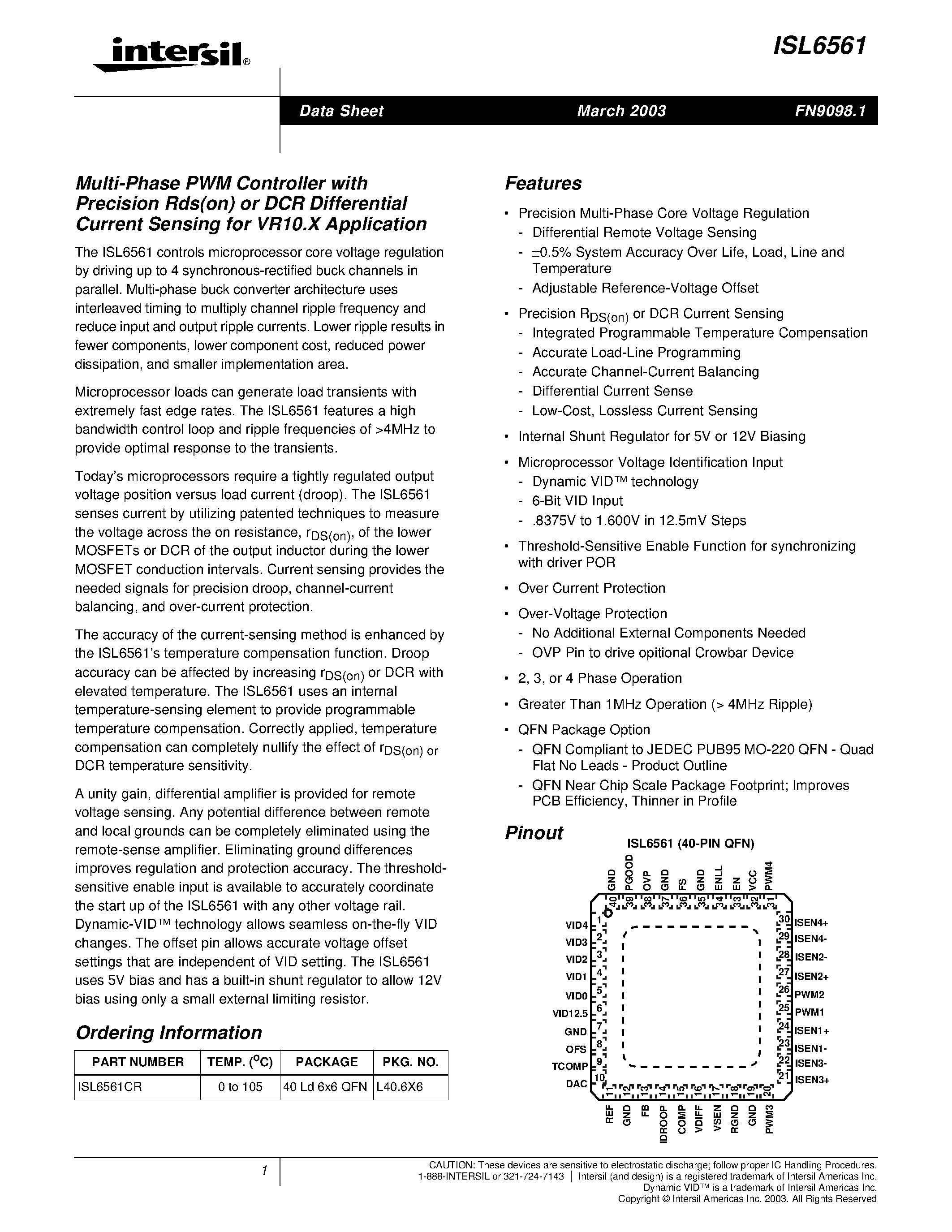 Datasheet ISL6561CR - Multi-Phase PWM Controller with Precision Rds(on) or DCR Differential Current Sensing for VR10.X Application page 1