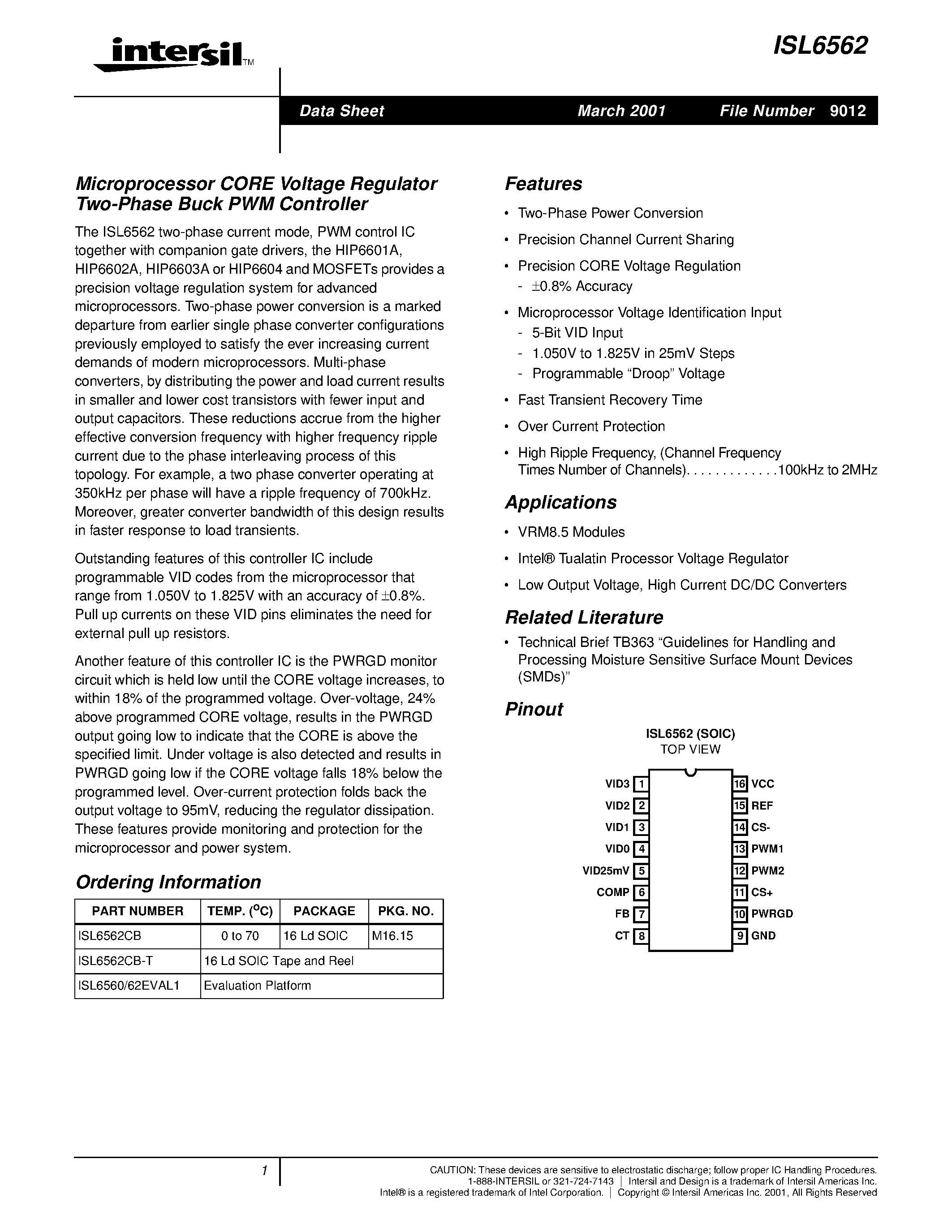 Datasheet ISL6562 - Microprocessor CORE Voltage Regulator Two-Phase Buck PWM Controller page 1