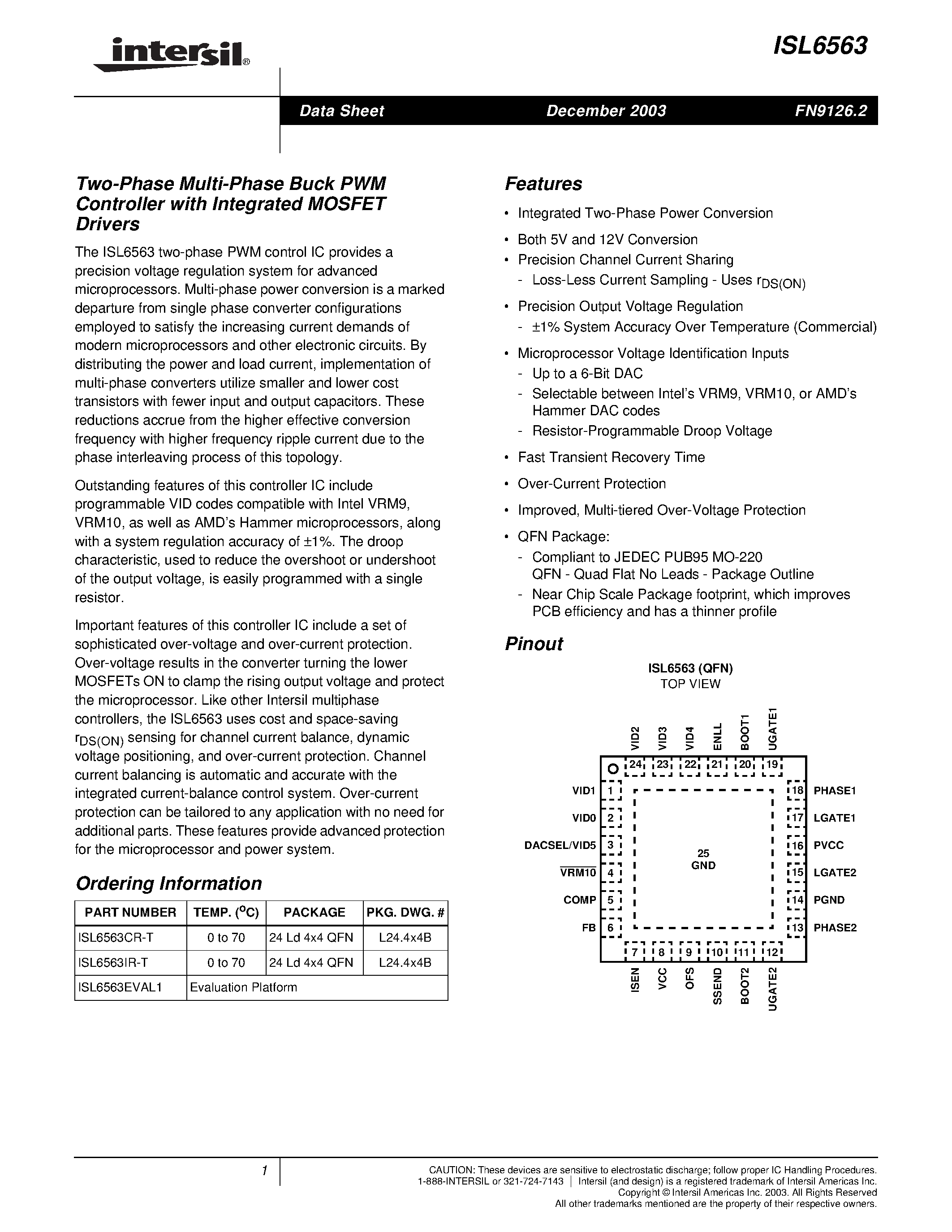 Datasheet ISL6563EVAL1 - Two-Phase Multi-Phase Buck PWM Controller with Integrated MOSFET Drivers page 1