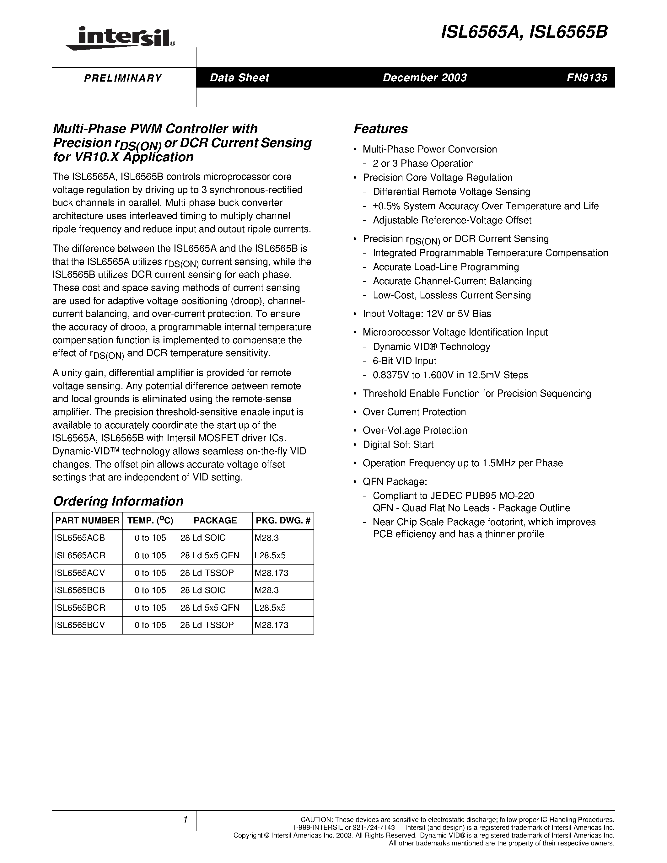 Datasheet ISL6565ACR - Multi-Phase PWM Controller with Precision rDS(ON) or DCR Current Sensing for VR10.X Application page 1