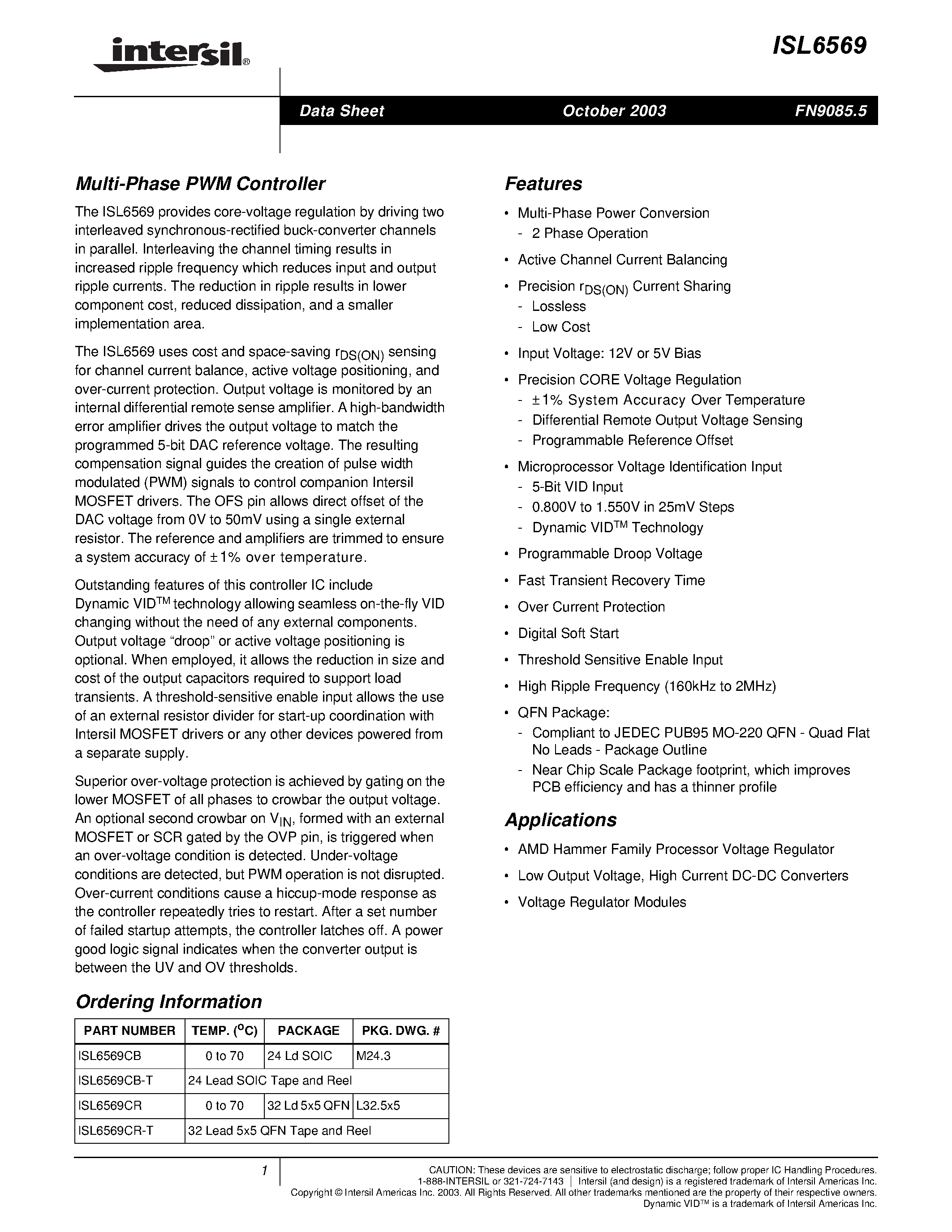 Datasheet ISL6569 - Multi-Phase PWM Controller page 1