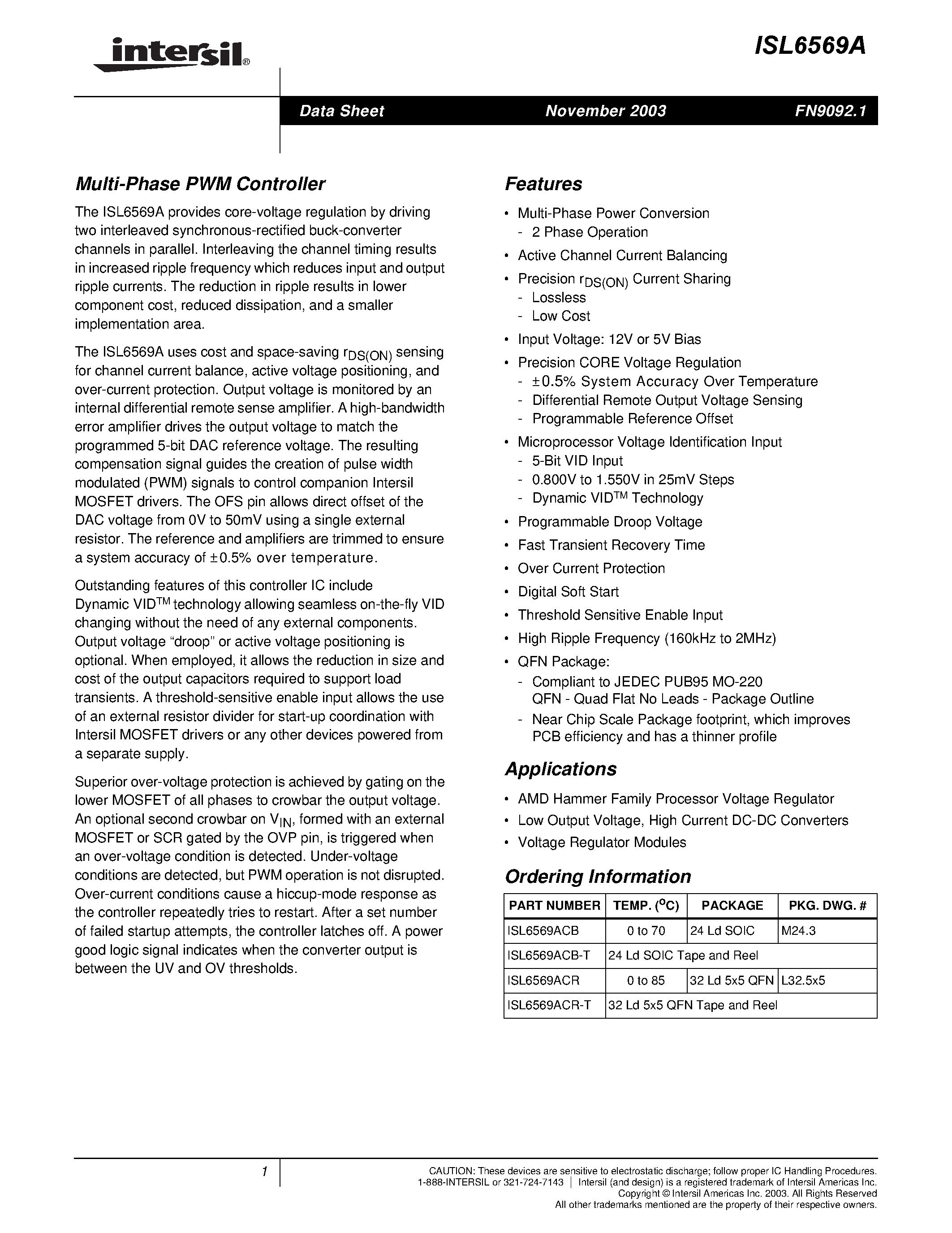 Datasheet ISL6569ACB - Multi-Phase PWM Controller page 1