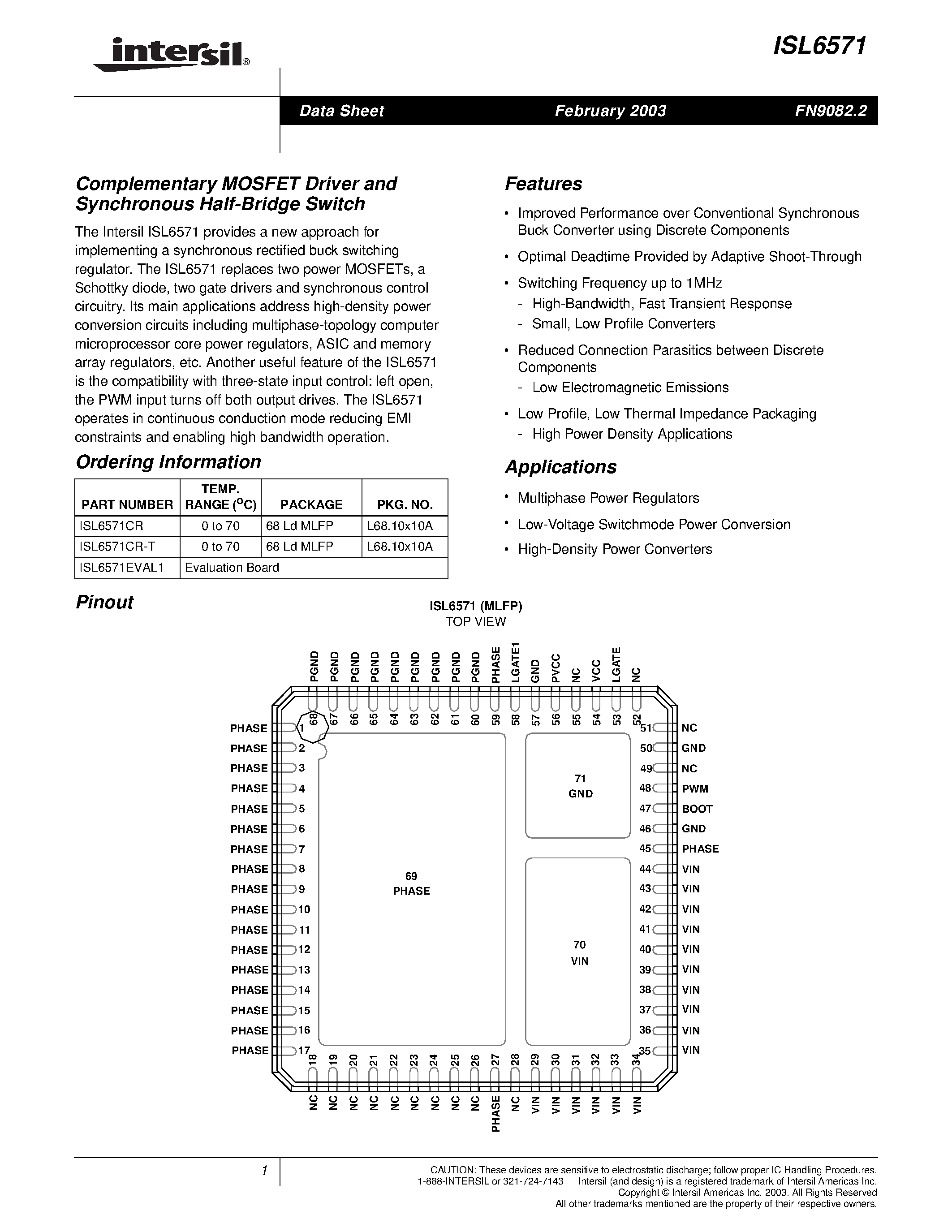 Datasheet ISL6571 - Complementary MOSFET Driver and Synchronous Half-Bridge Switch page 1