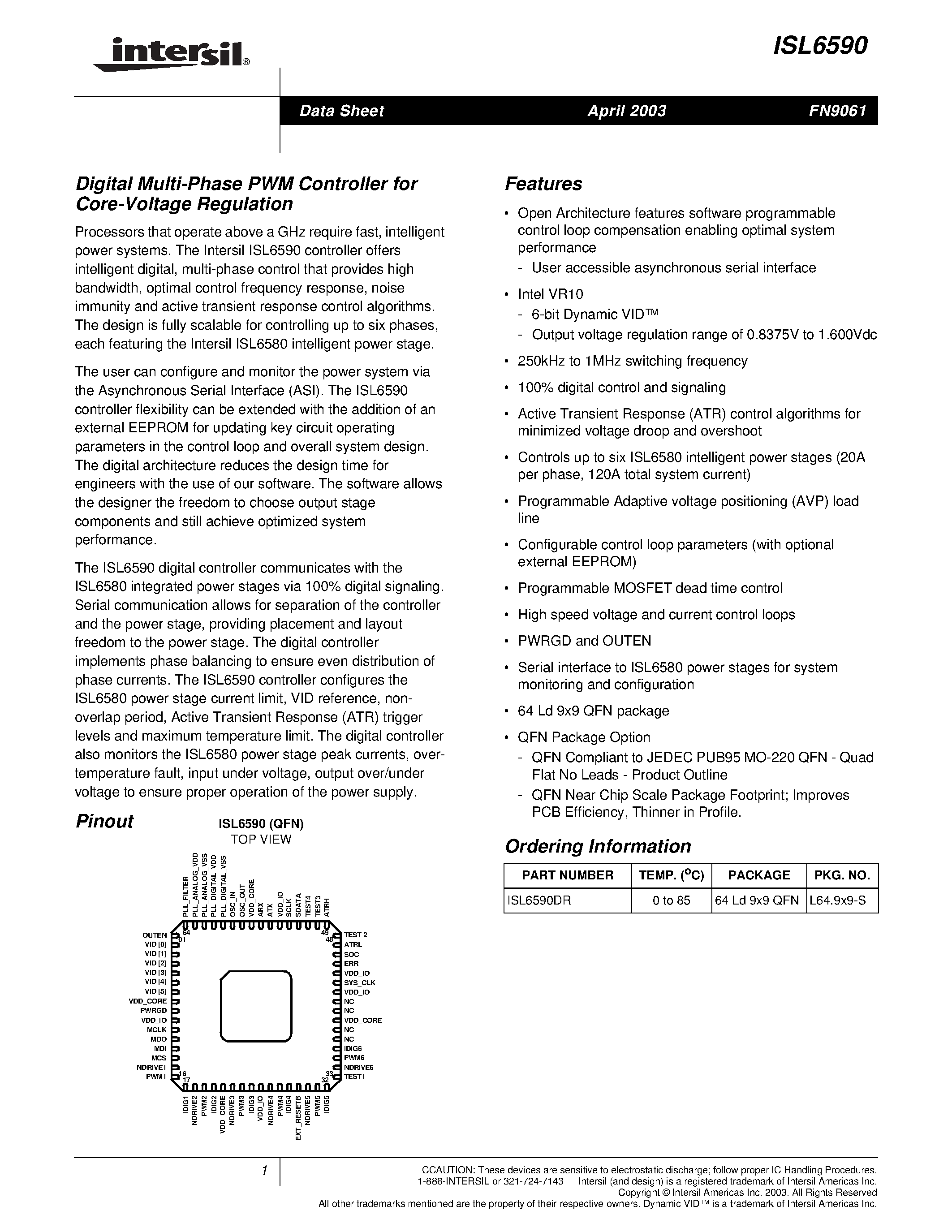 Datasheet ISL6590 - Digital Multi-Phase PWM Controller for Core-Voltage Regulation page 1