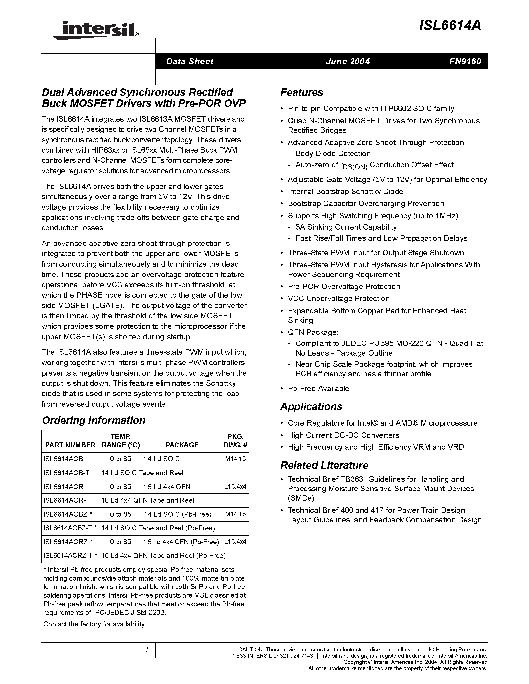 Datasheet ISL6614ACRZ - Dual Advanced Synchronous Rectified Buck MOSFET Drivers with Pre-POR OVP page 1