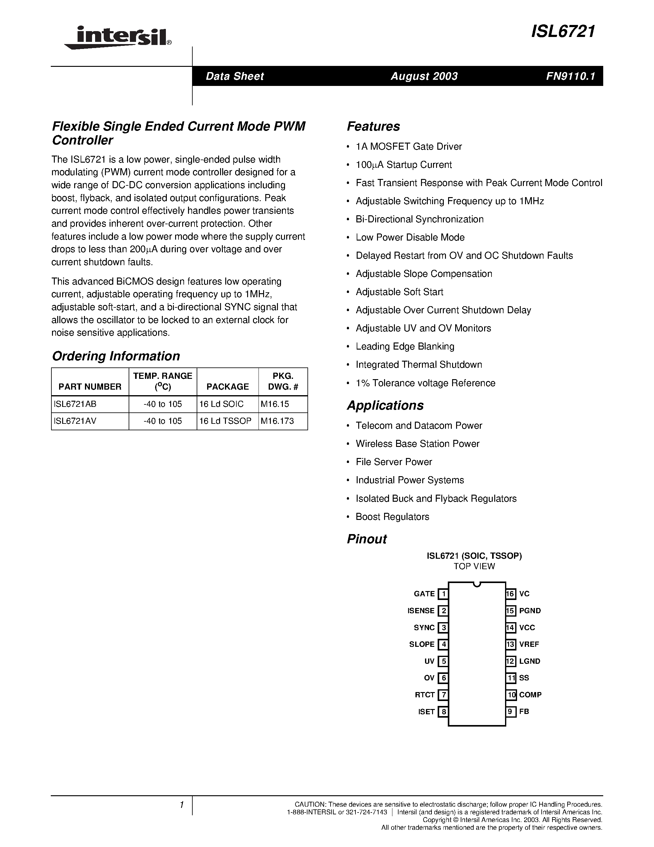 Datasheet ISL6721AB - Flexible Single Ended Current Mode PWM Controller page 1