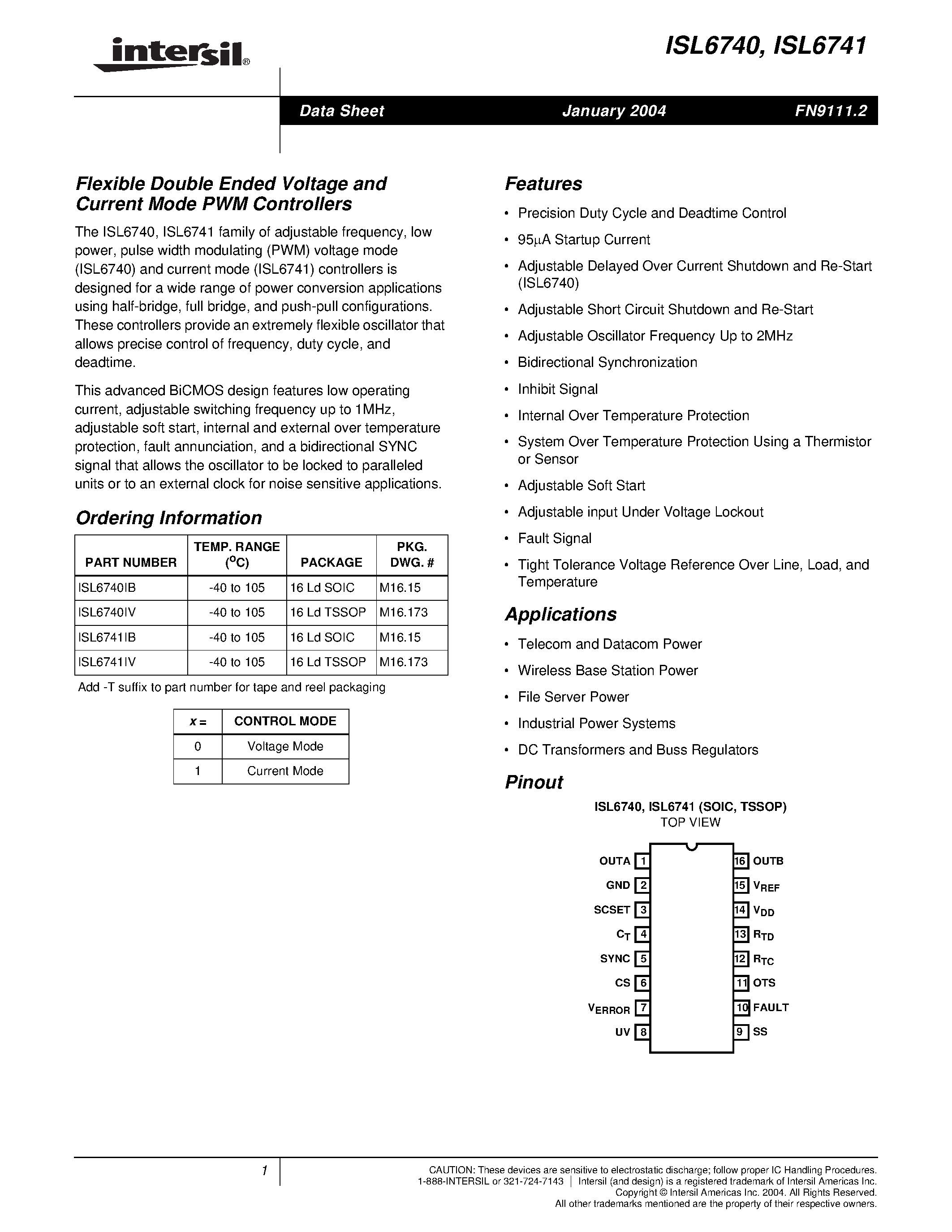 Datasheet ISL6740IB - Flexible Double Ended Voltage and Current Mode PWM Controllers page 1