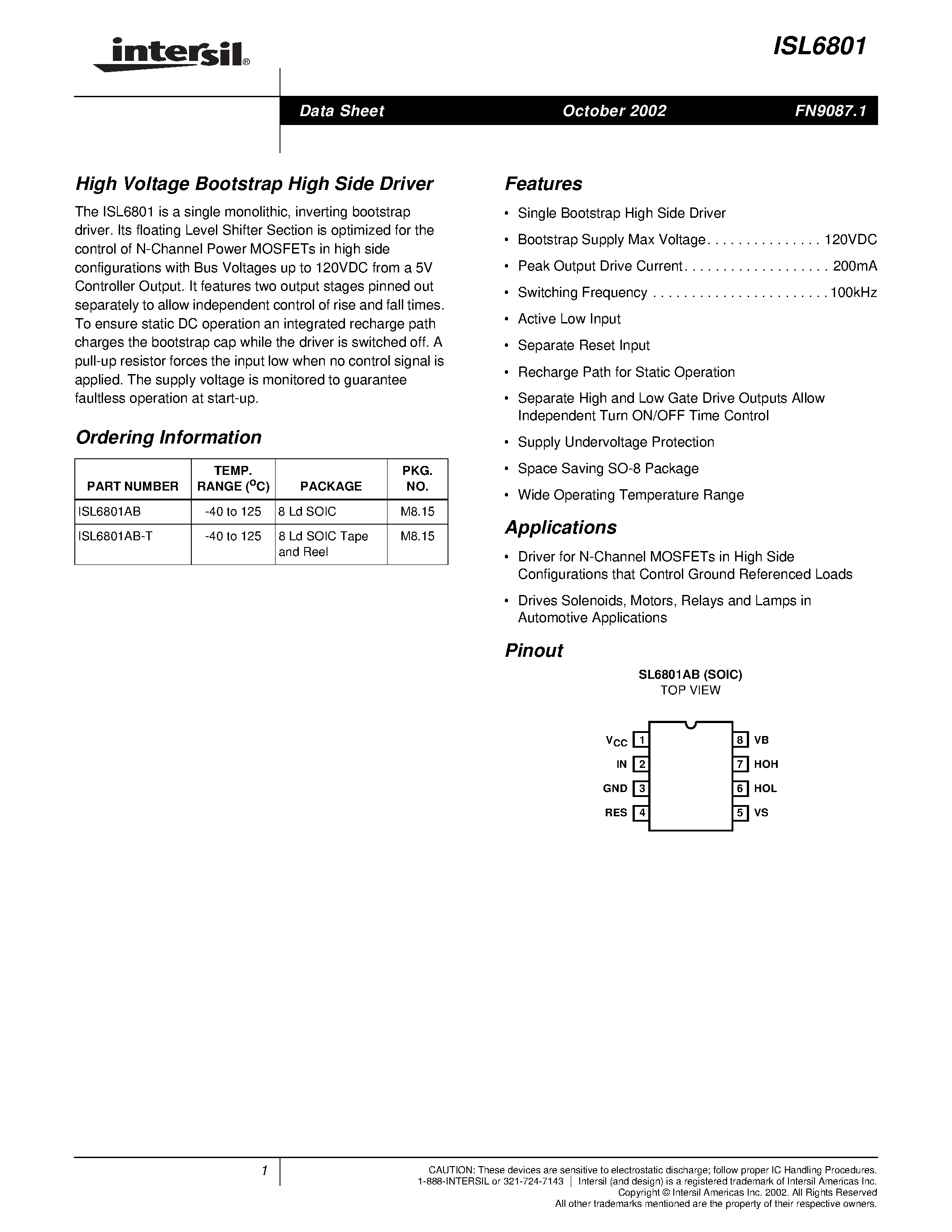 Datasheet ISL6801 - High Voltage Bootstrap High Side Driver page 1