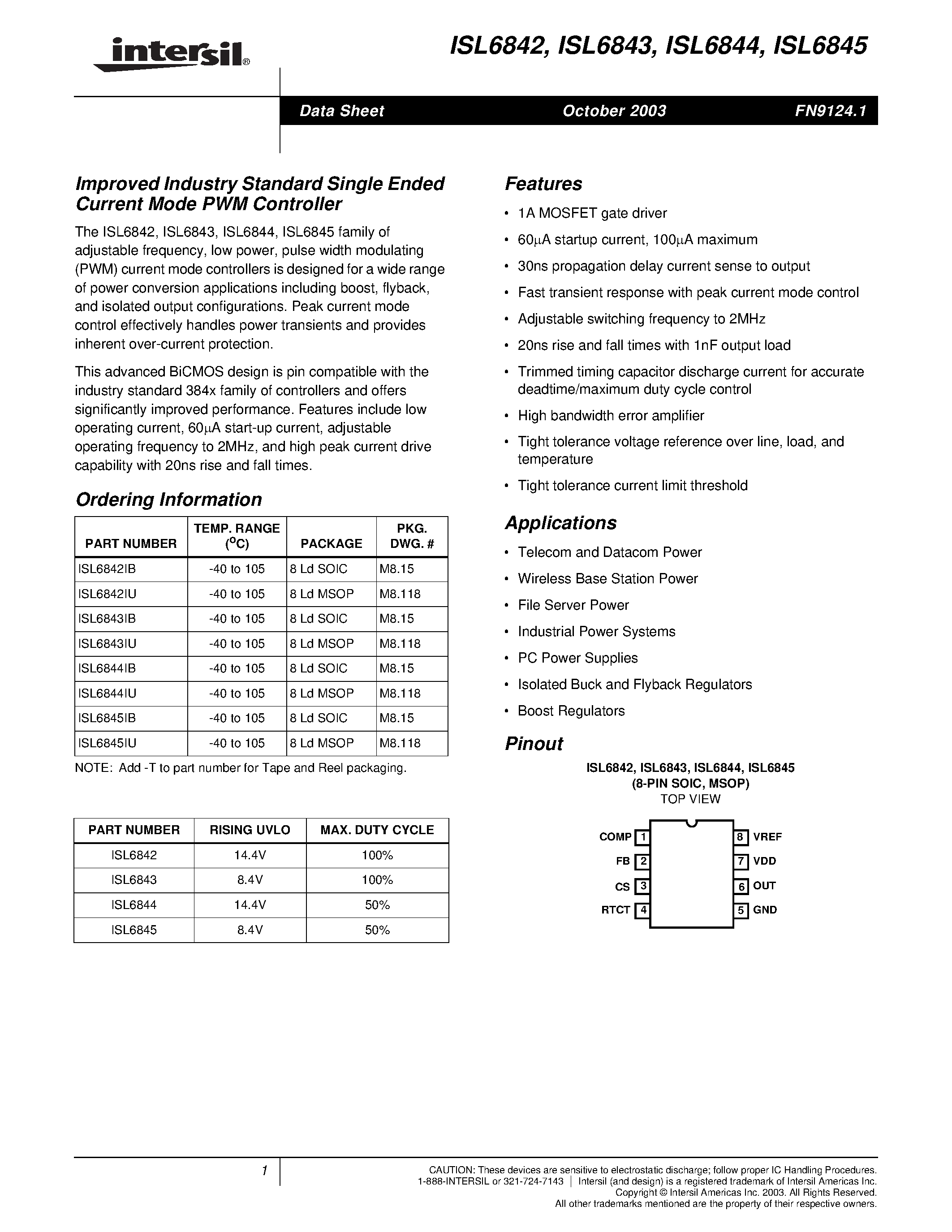 Datasheet ISL6842 - Improved Industry Standard Single Ended Current Mode PWM Controller page 1