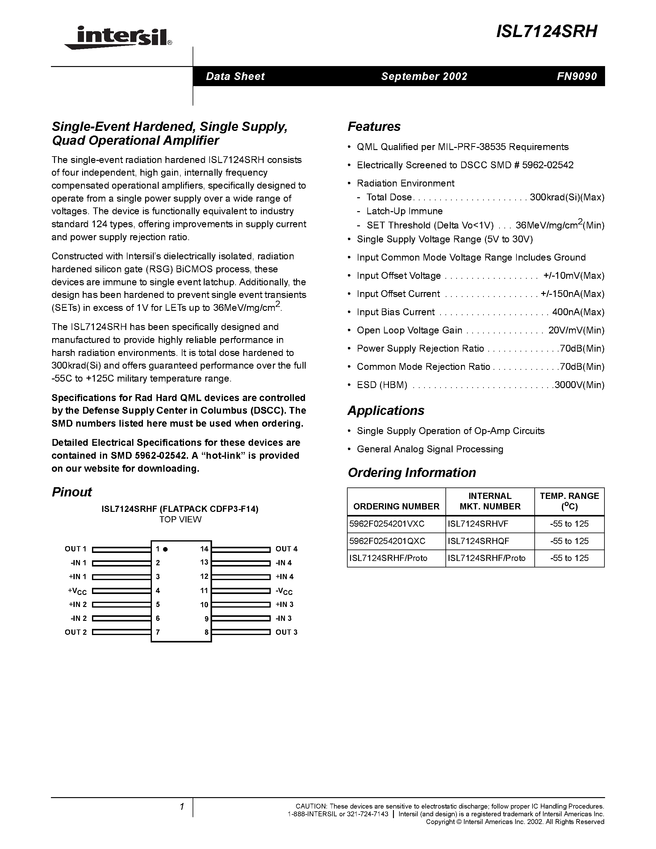 Datasheet ISL7124SRH - Single-Event Hardened/ Single Supply/ Quad Operational Amplifier page 1