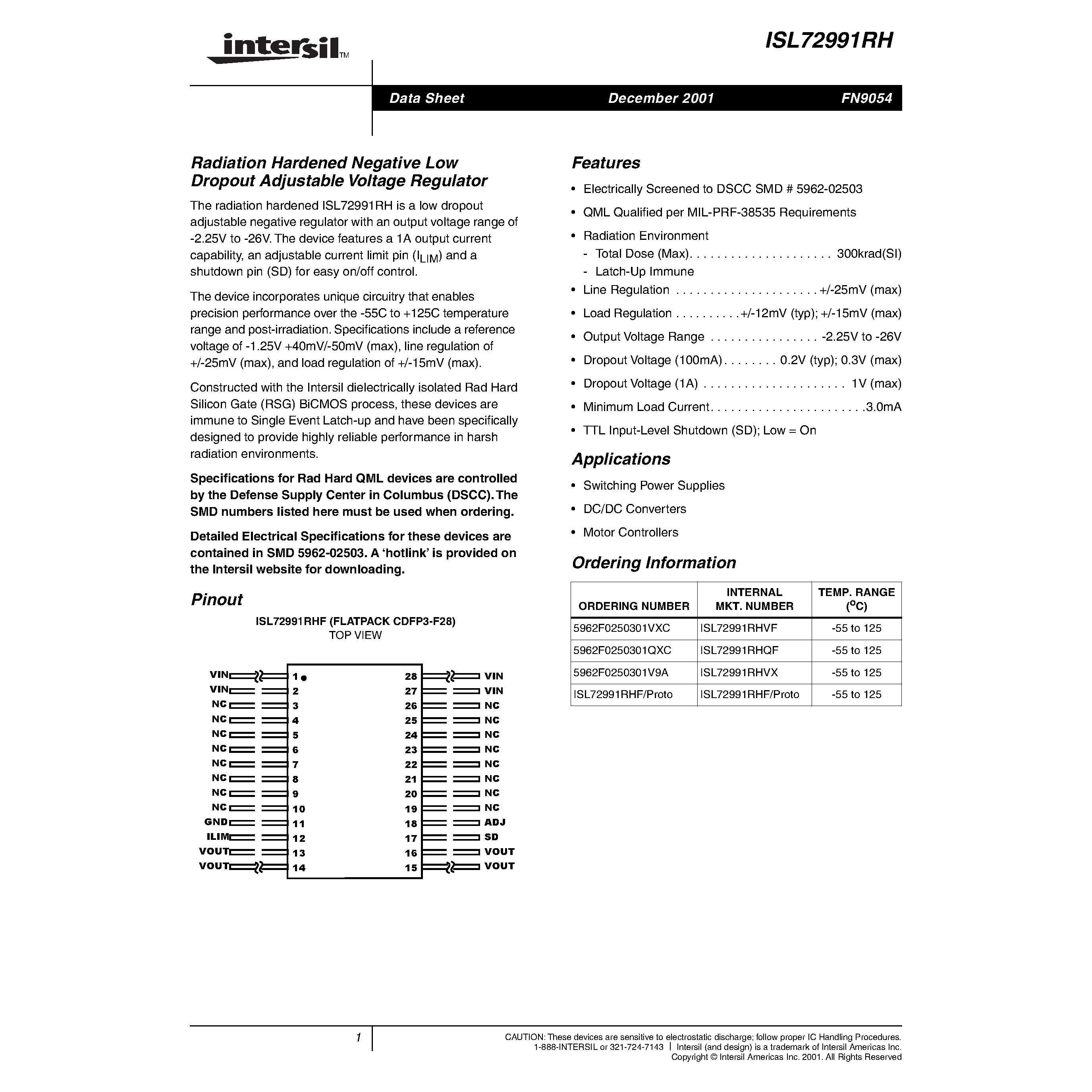 Datasheet ISL72991RHVF - Radiation Hardened Negative Low Dropout Adjustable Voltage Regulator page 1