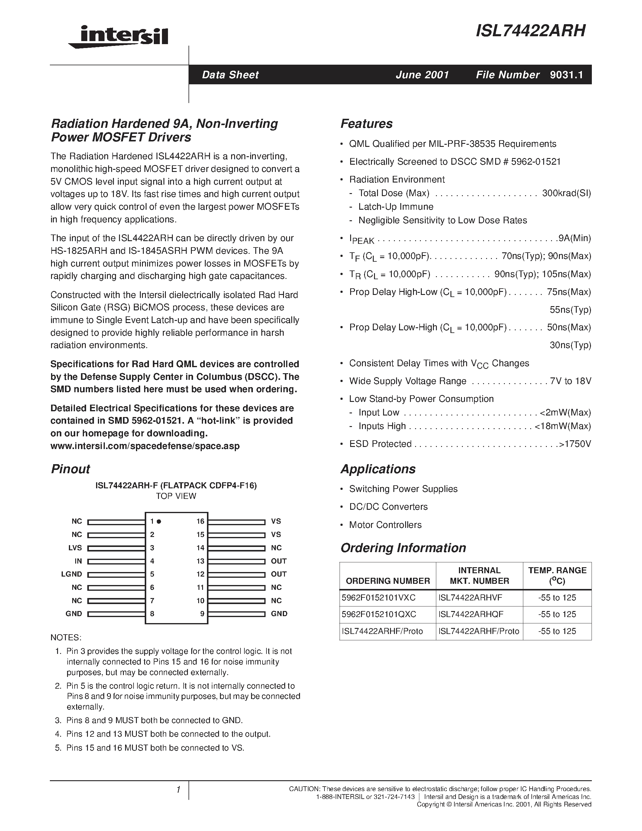 Datasheet ISL74422ARH - Radiation Hardened 9A/ Non-Inverting Power MOSFET Drivers page 1