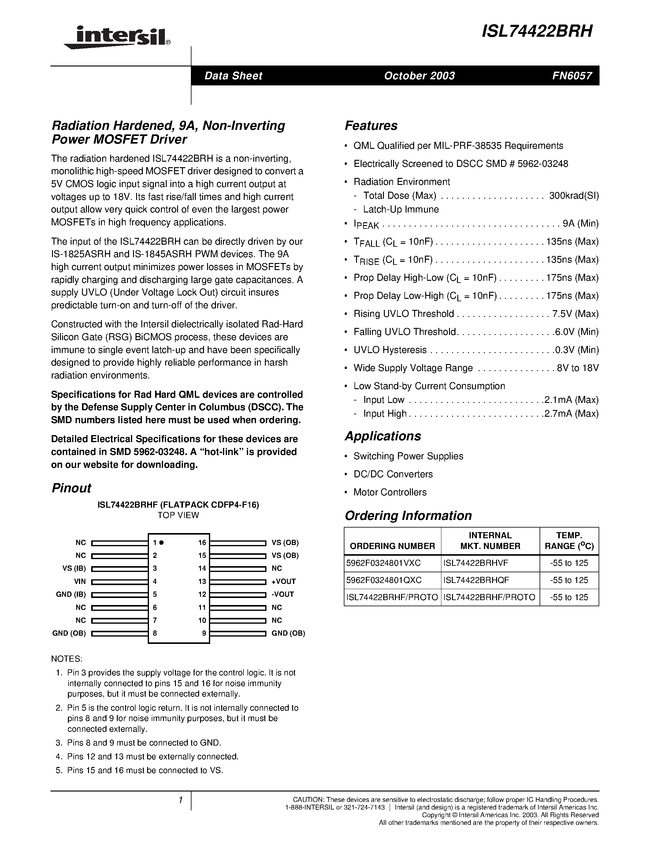 Datasheet ISL74422BRH - Radiation Hardened/ 9A/ Non-Inverting Power MOSFET Driver page 1