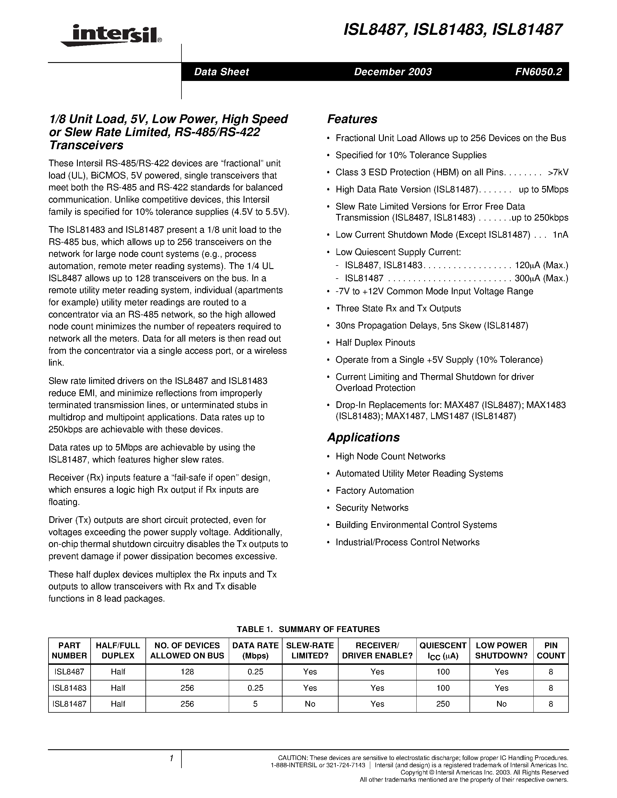 Datasheet ISL81483 - 1/8 Unit Load/ 5V/ Low Power/ High Speed or Slew Rate Limited/ RS-485/RS-422 Transceivers page 1