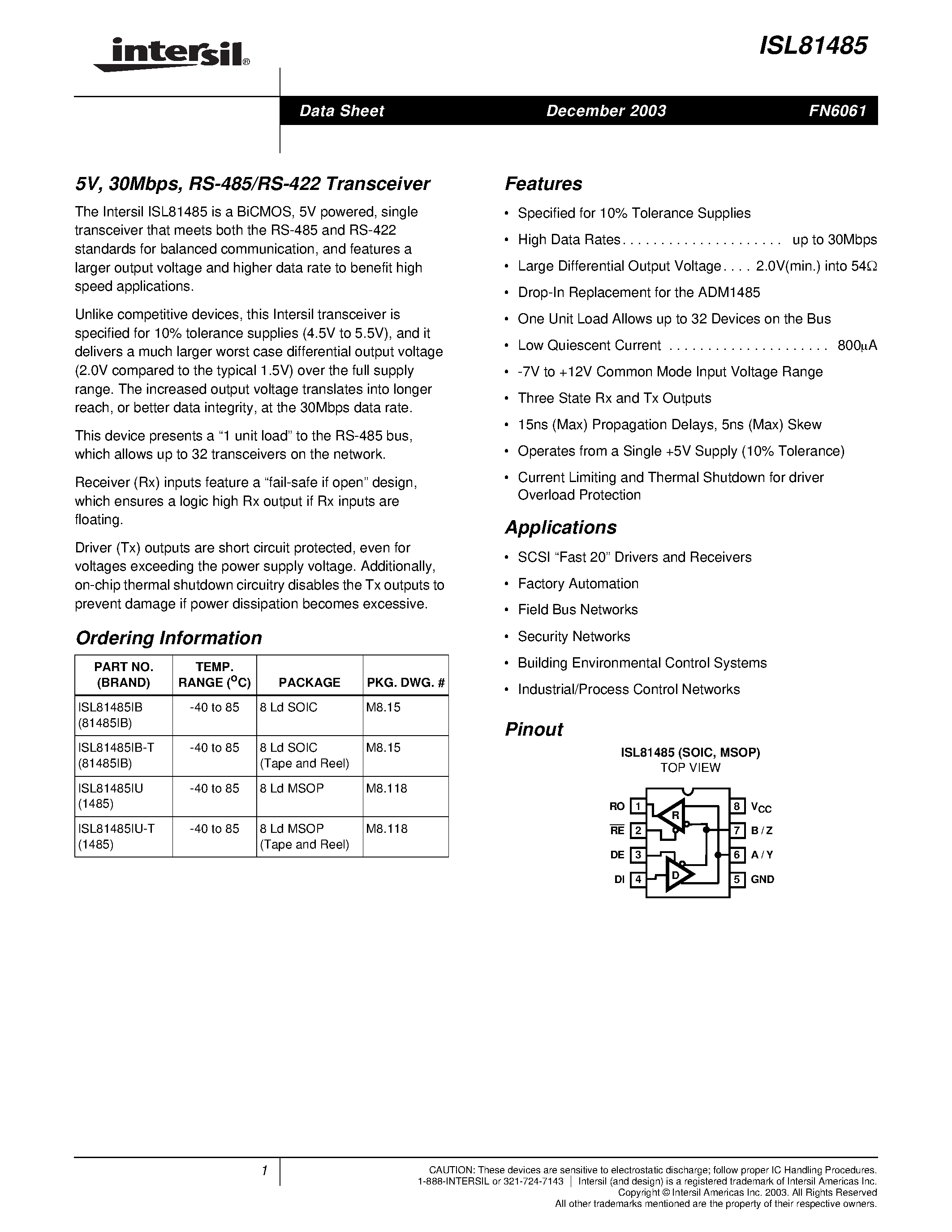 Datasheet ISL81485 - 5V/ 30Mbps/ RS-485/RS-422 Transceiver page 1