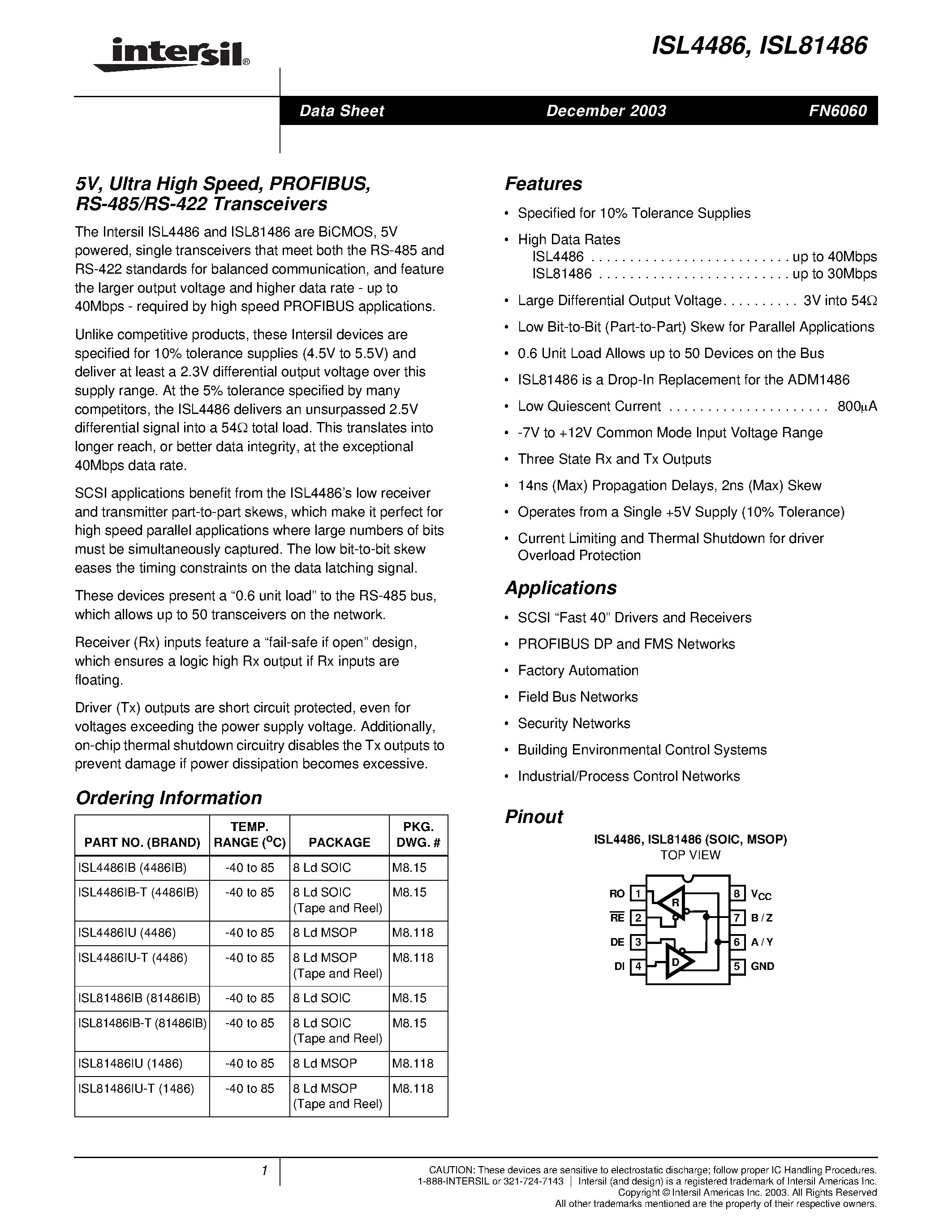 Datasheet ISL81486IB - 5V/ Ultra High Speed/ PROFIBUS/ RS-485/RS-422 Transceivers page 1