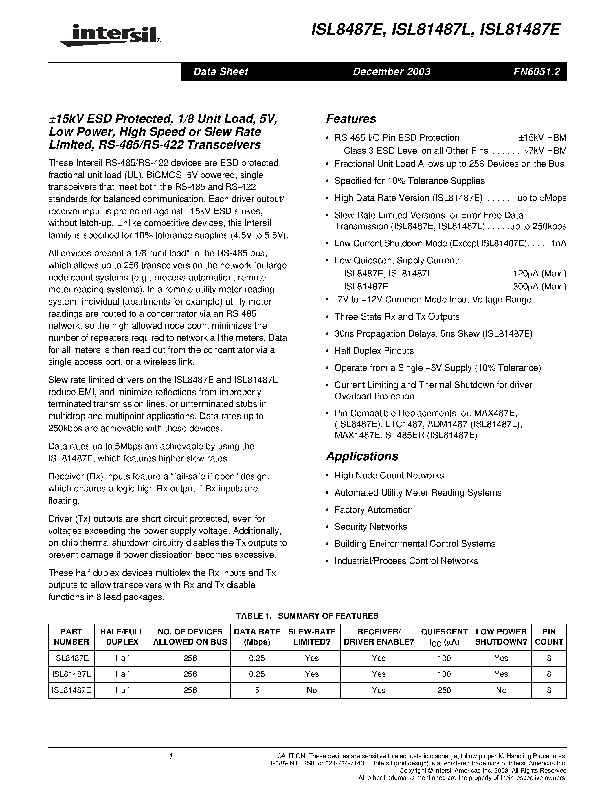 Datasheet ISL81487E - 15kV ESD Protected/ 1/8 Unit Load/ 5V/ Low Power/ High Speed or Slew Rate Limited/ RS-485/RS-422 Transceivers page 1