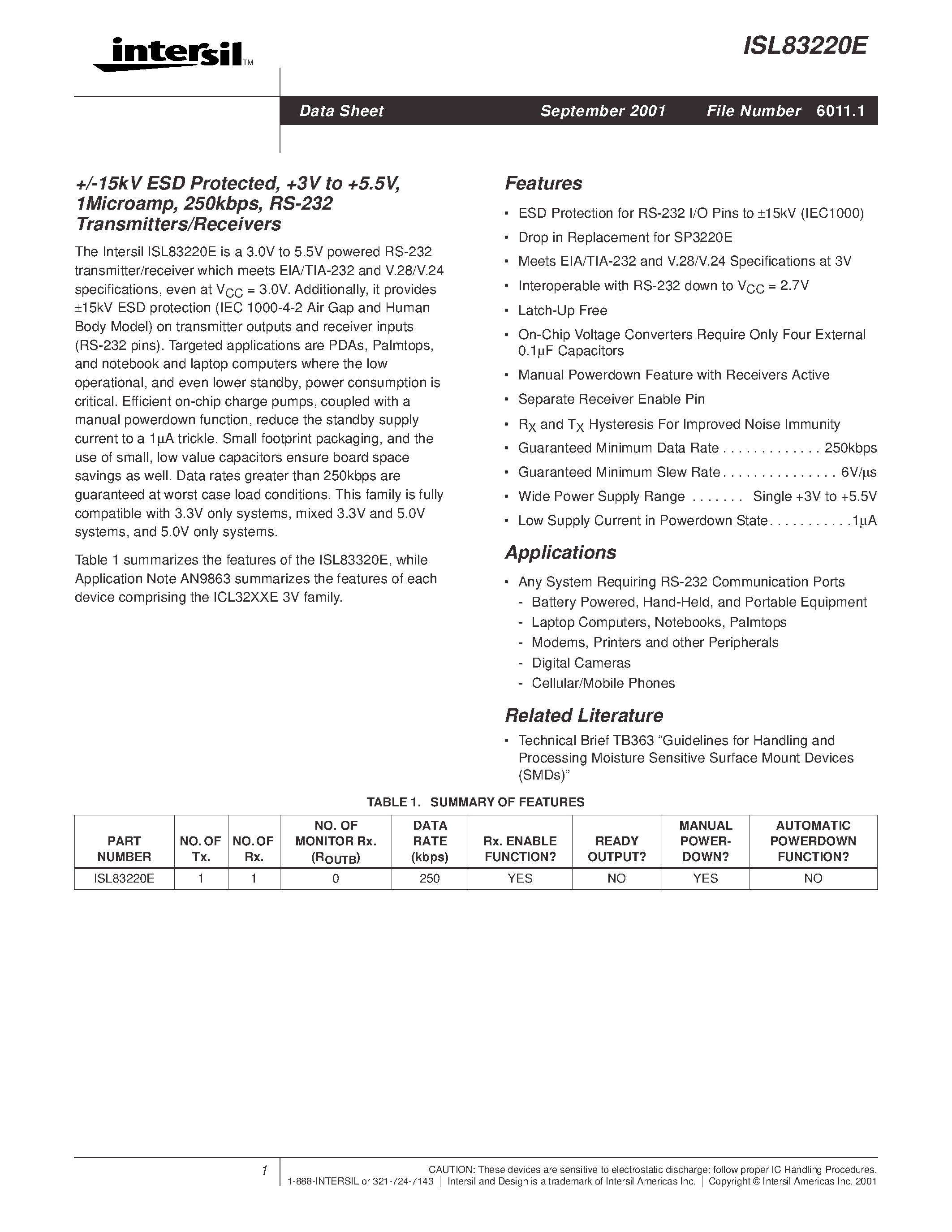 Datasheet ISL83220 - +/-15kV ESD Protected/ +3V to +5.5V/ 1Microamp/ 250kbps/ RS-232 Transmitters/Receivers page 1