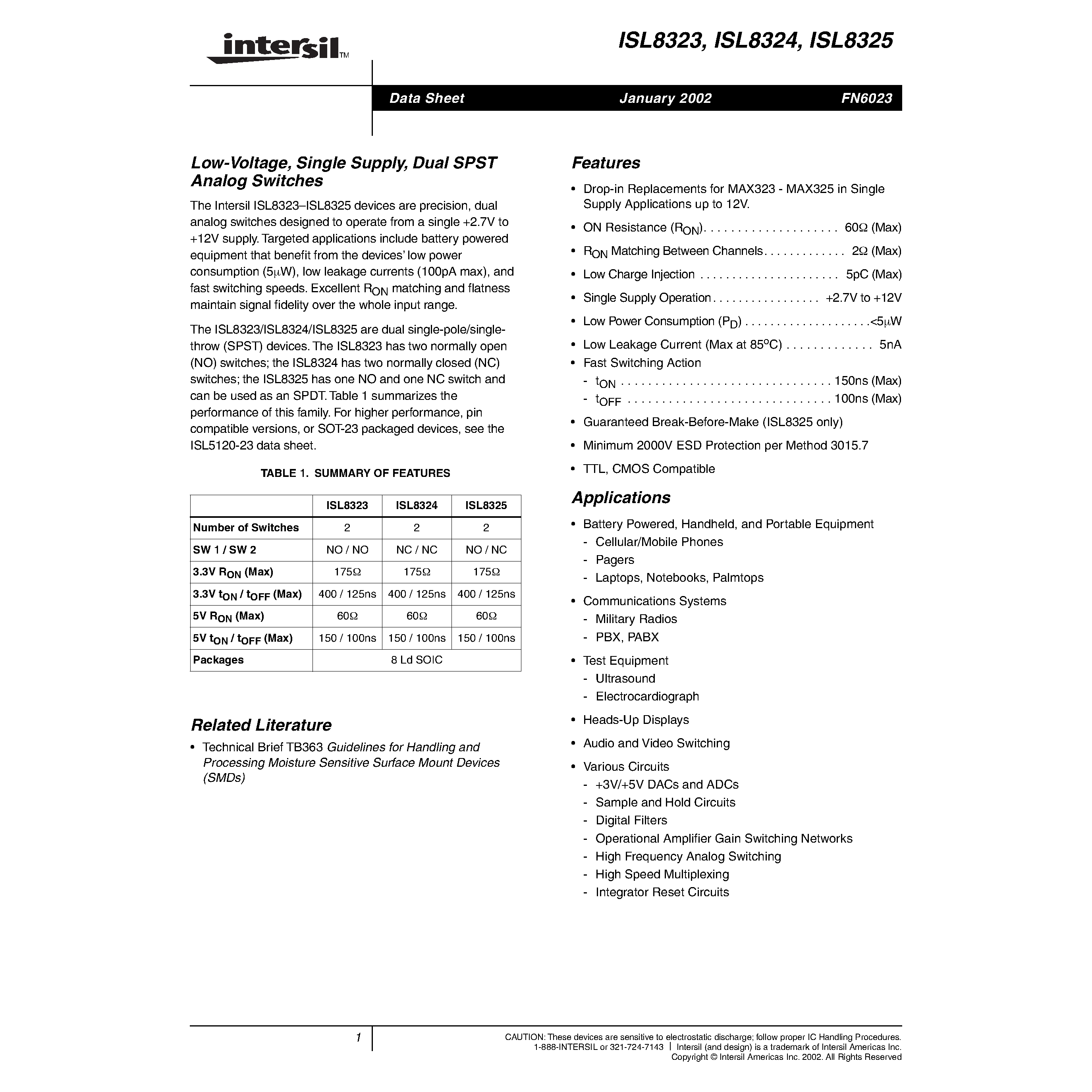 Datasheet ISL8323 - Low-Voltage/ Single Supply/ Dual SPST Analog Switches page 1