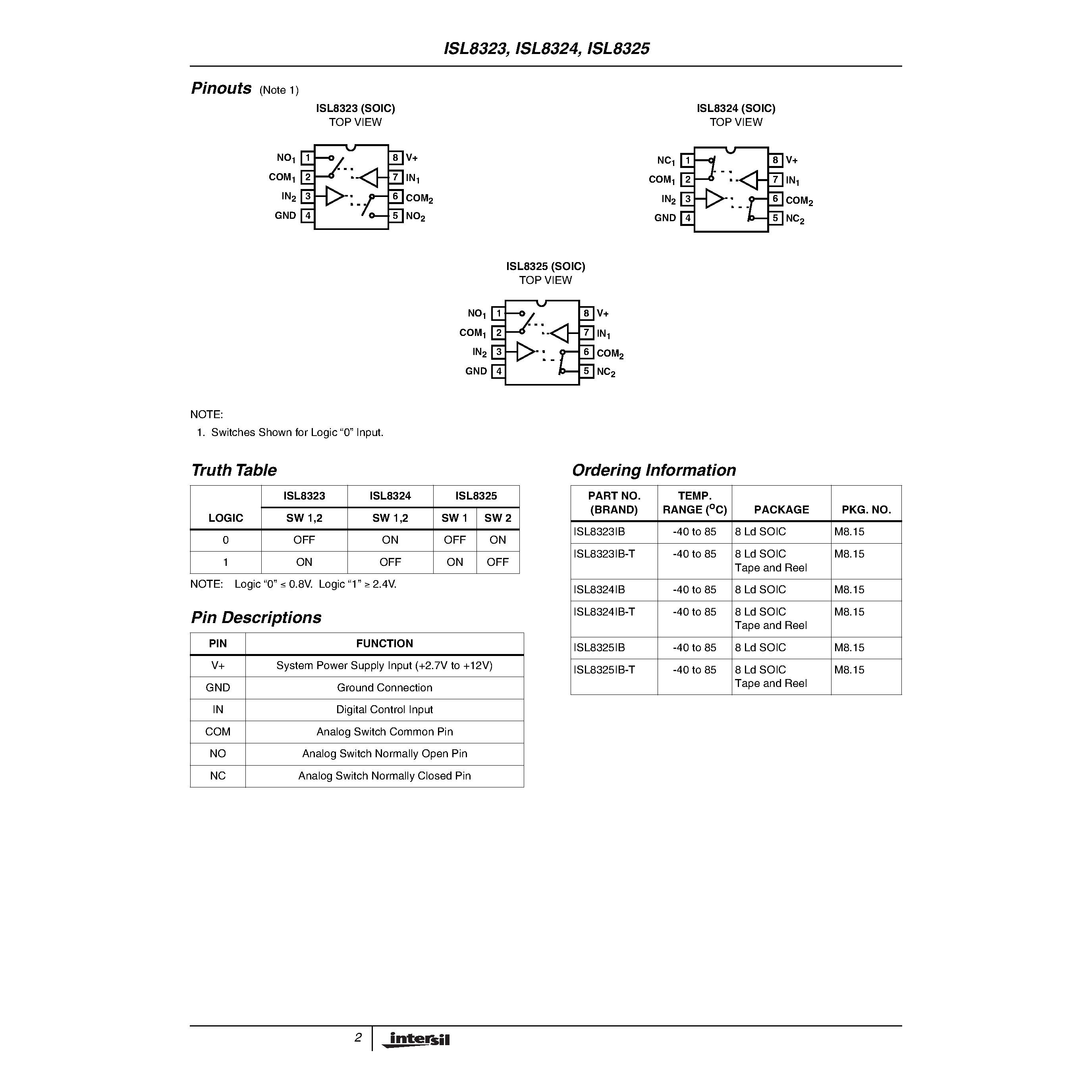 Datasheet ISL8323 - Low-Voltage/ Single Supply/ Dual SPST Analog Switches page 2