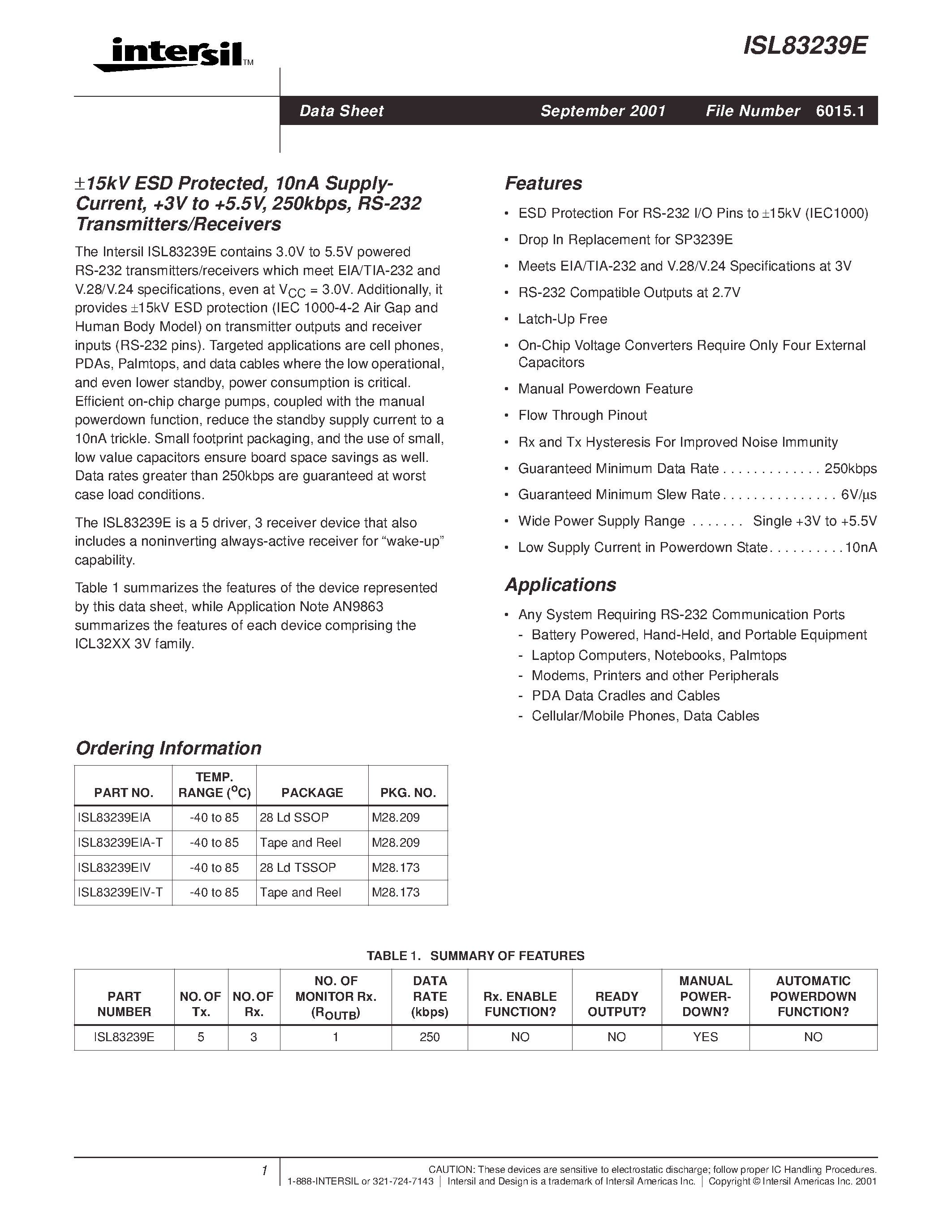 Datasheet ISL83239E - 15kV ESD Protected/ 10nA Supply- Current/ 3V to +5.5V/ 250kbps/ RS-232 Transmitters/Receivers page 1