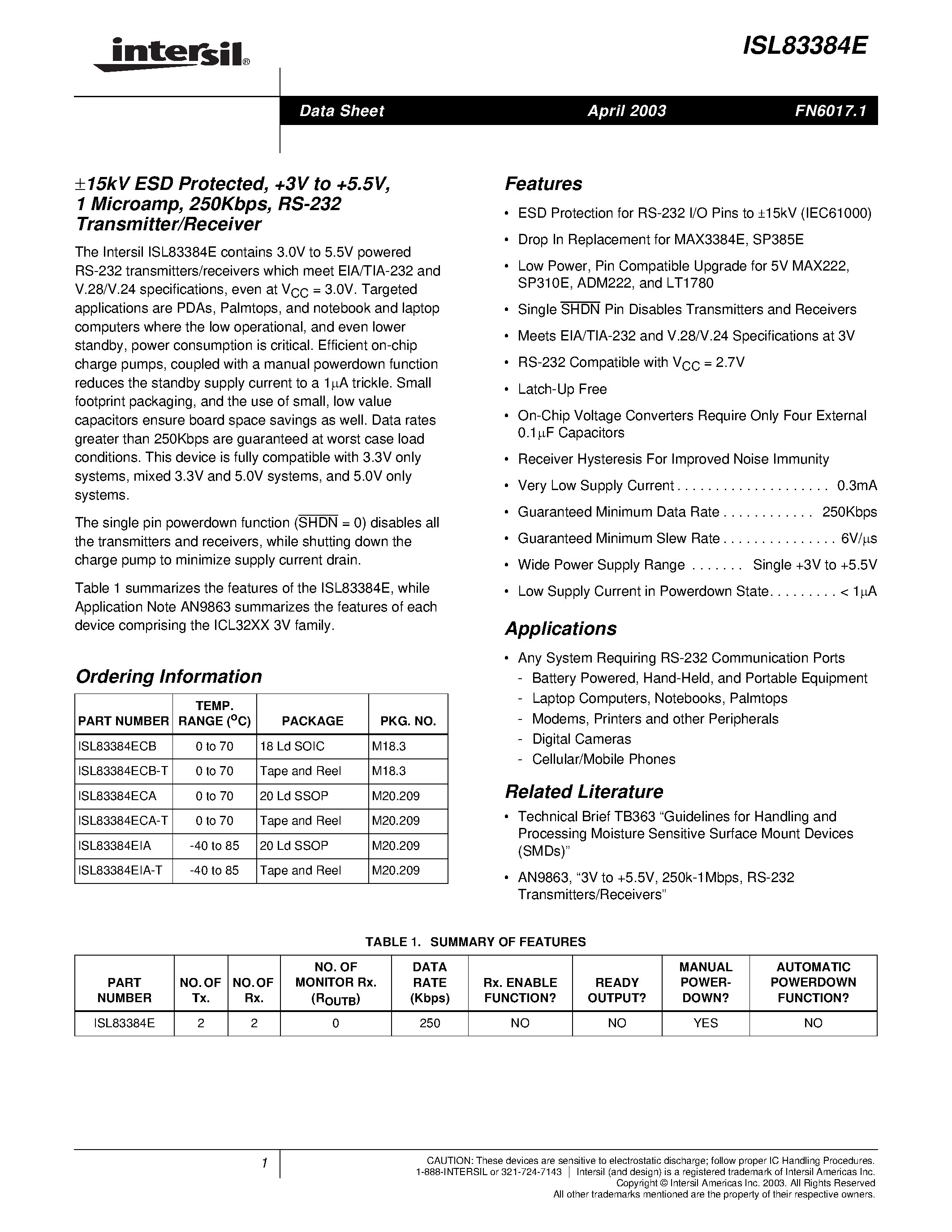 Datasheet ISL83384E - 15kV ESD Protected/ +3V to +5.5V/ 1 Microamp/ 250Kbps/ RS-232 Transmitter/Receiver page 1