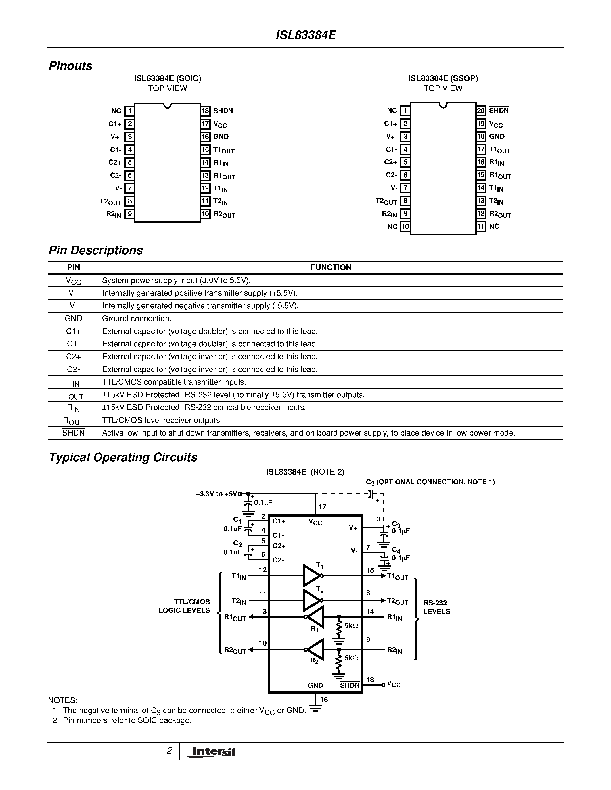 Datasheet ISL83384E - 15kV ESD Protected/ +3V to +5.5V/ 1 Microamp/ 250Kbps/ RS-232 Transmitter/Receiver page 2