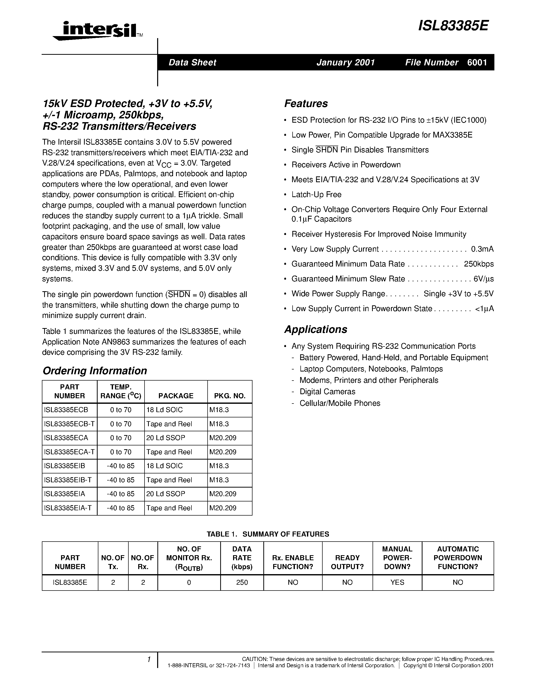 Datasheet ISL83385E - 15kV ESD Protected/ +3V to +5.5V/ +/-1 Microamp/ 250kbps/ RS-232 Transmitters/Receivers page 1