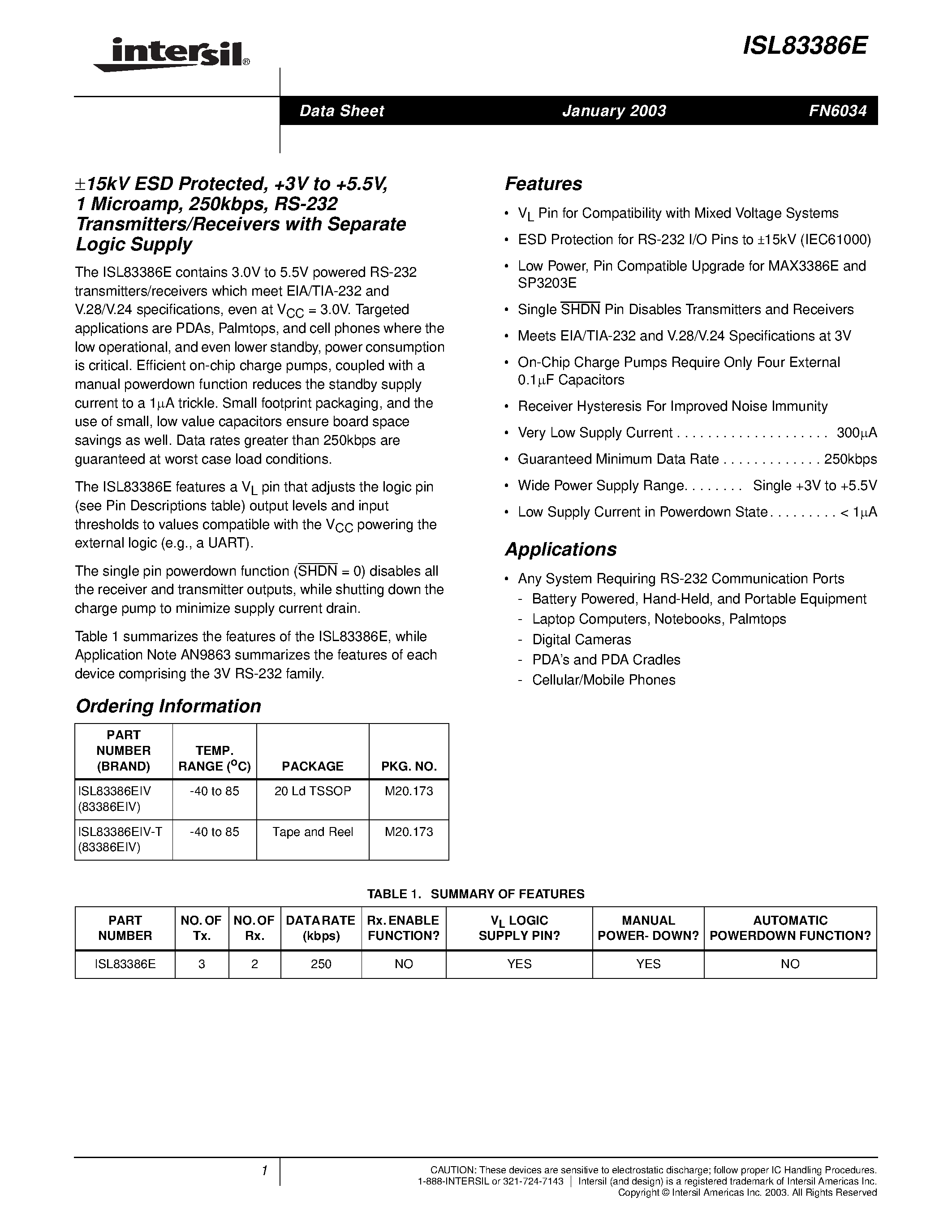 Datasheet ISL83386EIV - 15kV ESD Protected/ +3V to +5.5V/ 1 Microamp/ 250kbps/ RS-232 Transmitters/Receivers with Separate Logic Supply page 1