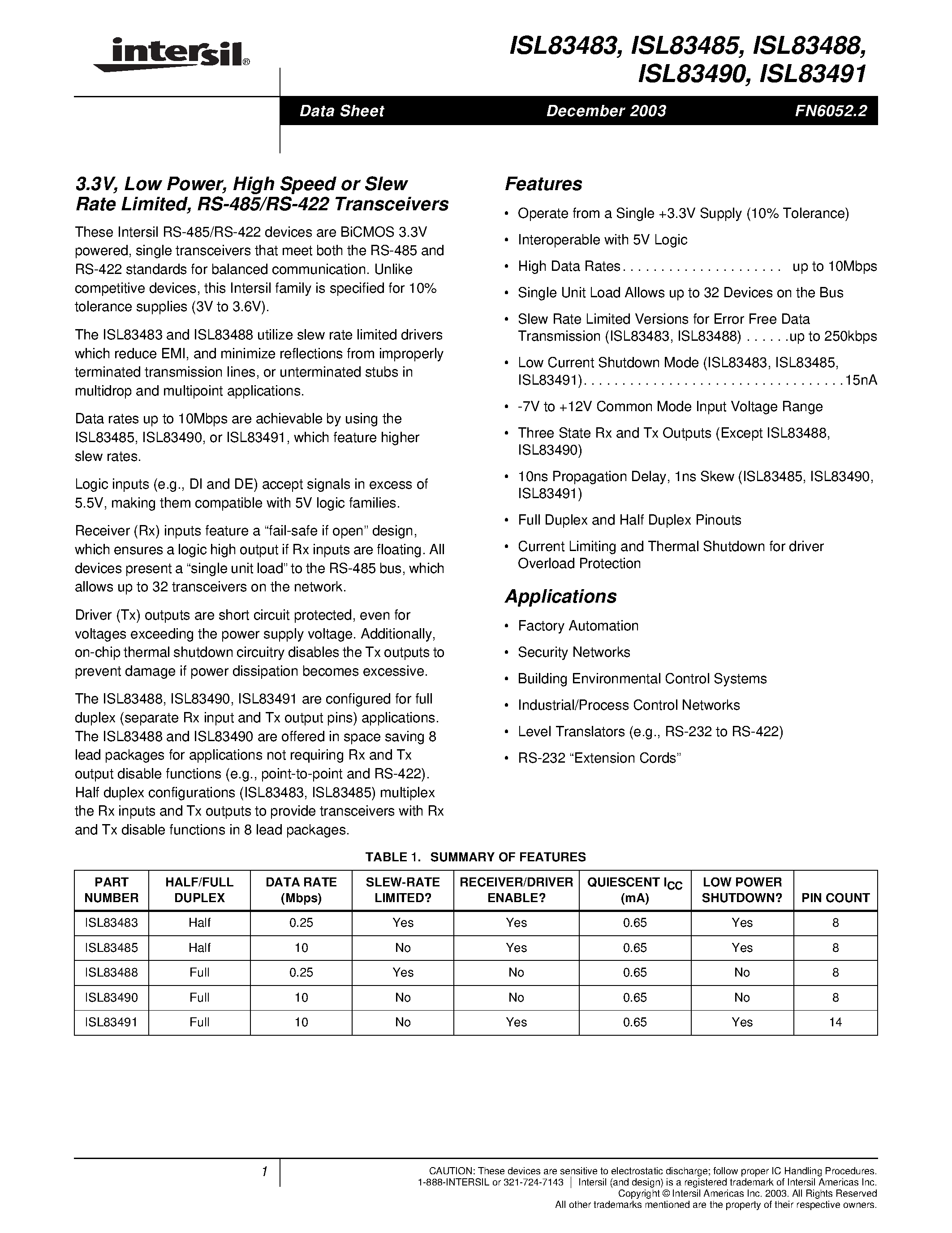 Datasheet ISL83483 - 3.3V/ Low Power/ High Speed or Slew Rate Limited/ RS-485/RS-422 Transceivers page 1