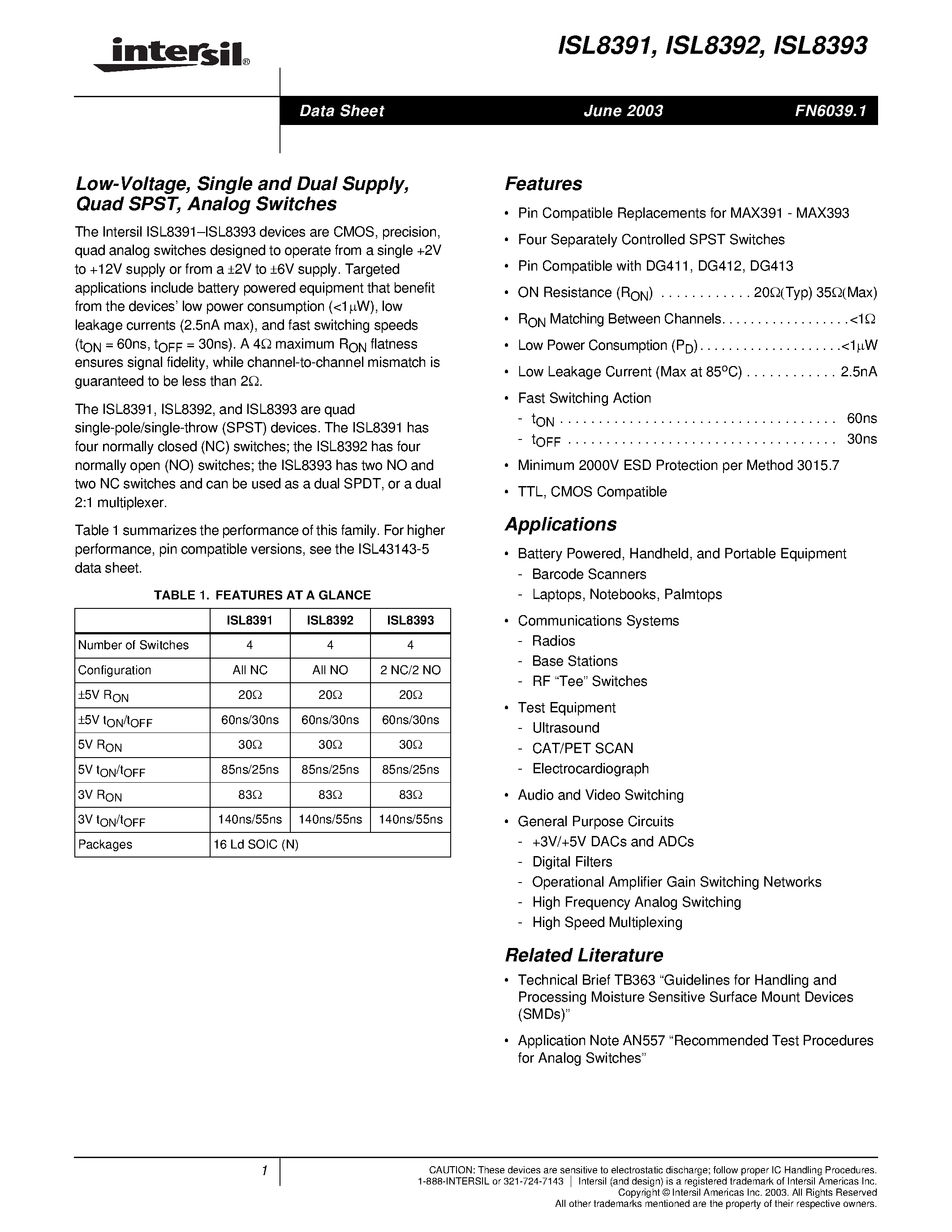 Datasheet ISL8391 - Low-Voltage/ Single and Dual Supply/ Quad SPST/ Analog Switches page 1