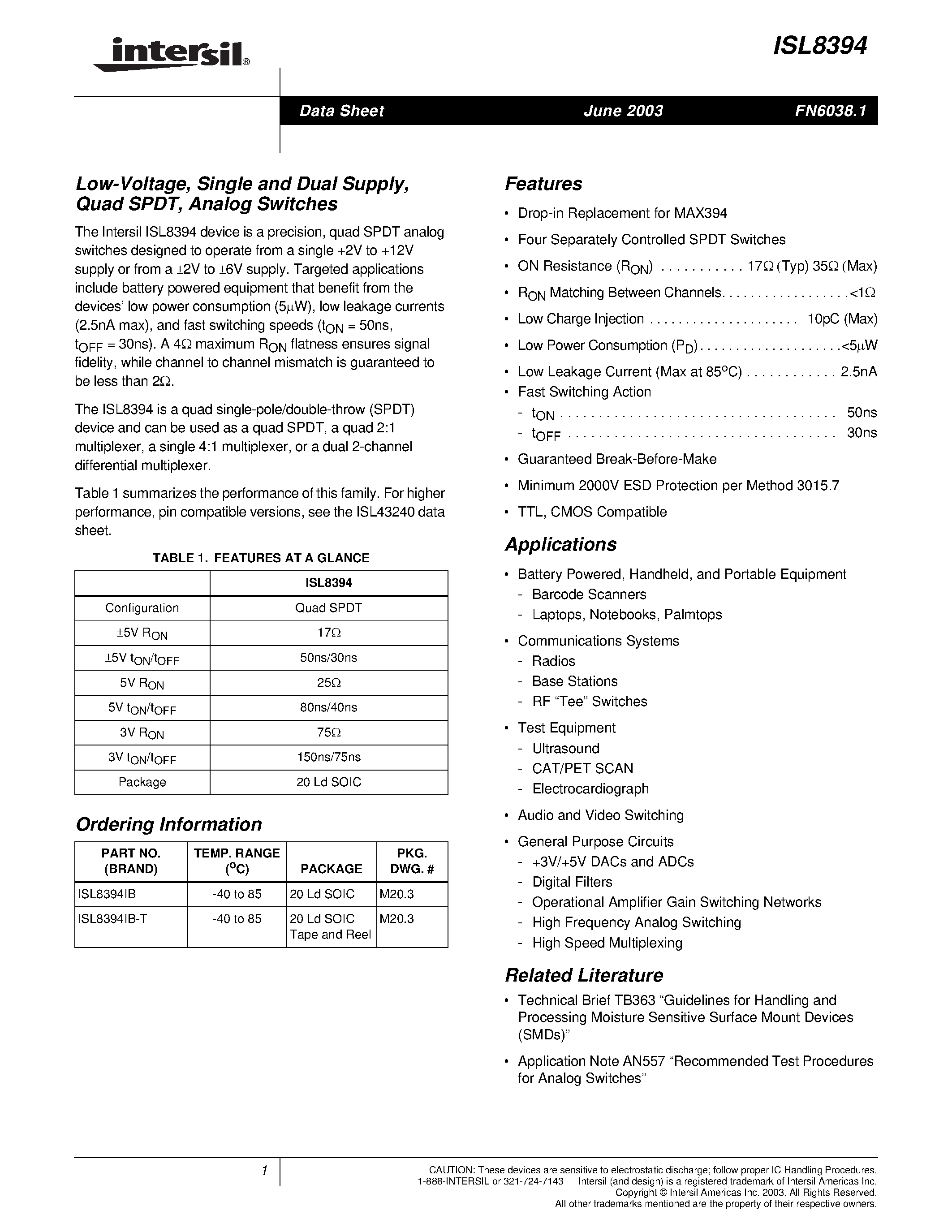 Datasheet ISL8394 - Low-Voltage/ Single and Dual Supply/ Quad SPDT/ Analog Switches page 1