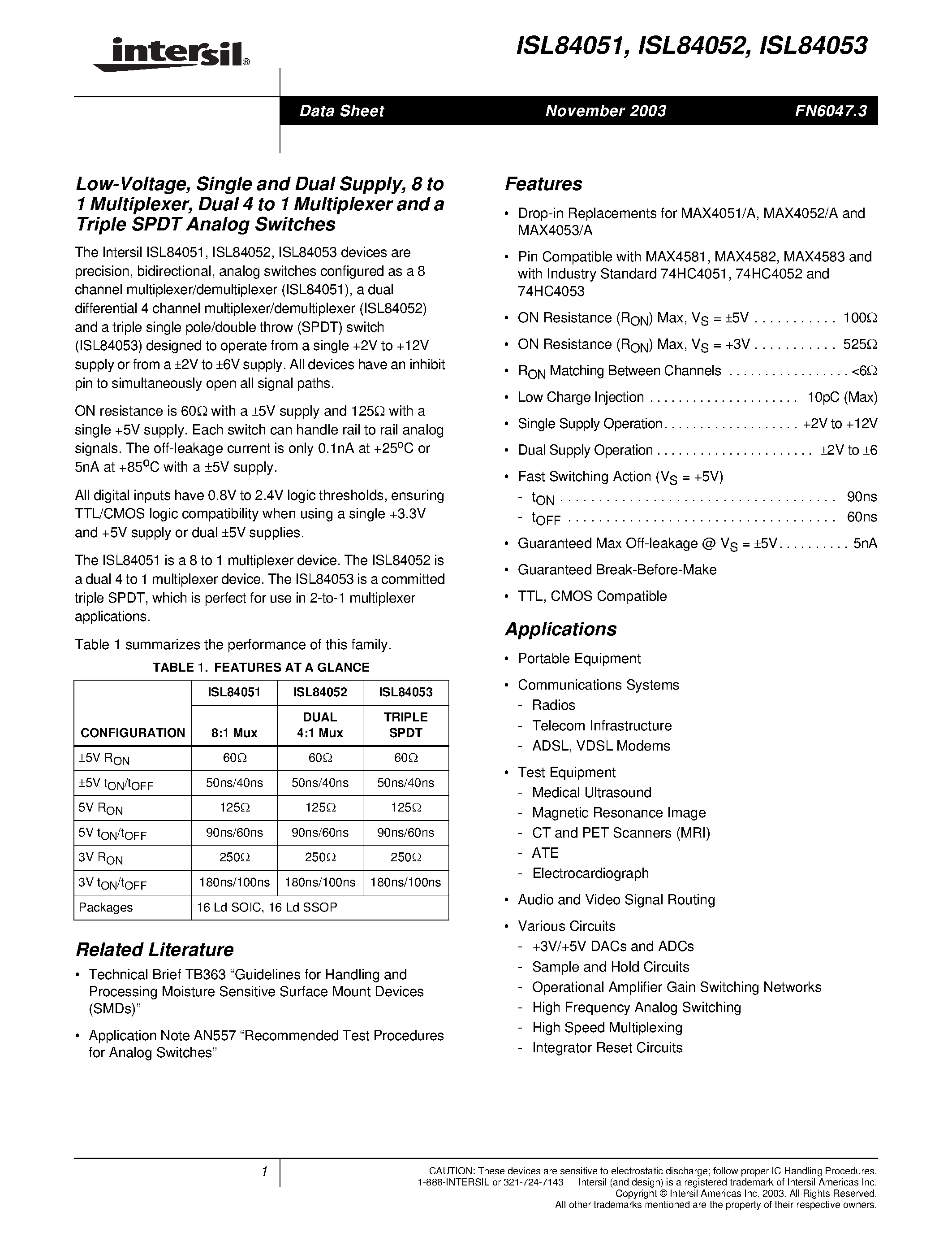 Datasheet ISL84051 - Low-Voltage/ Single and Dual Supply/ 8 to 1 Multiplexer/ Dual 4 to 1 Multiplexer and a Triple SPDT Analog Switches page 1