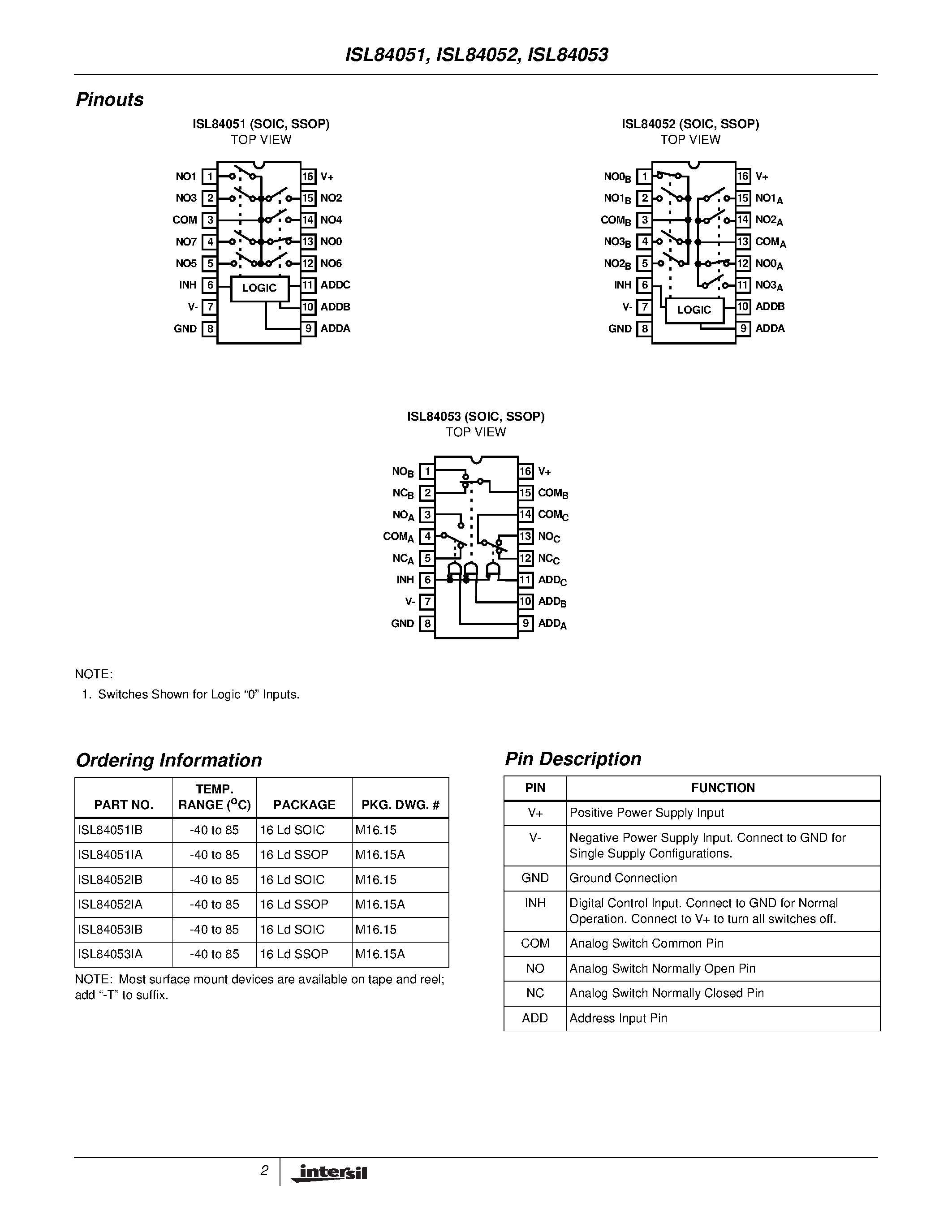 Datasheet ISL84051 - Low-Voltage/ Single and Dual Supply/ 8 to 1 Multiplexer/ Dual 4 to 1 Multiplexer and a Triple SPDT Analog Switches page 2