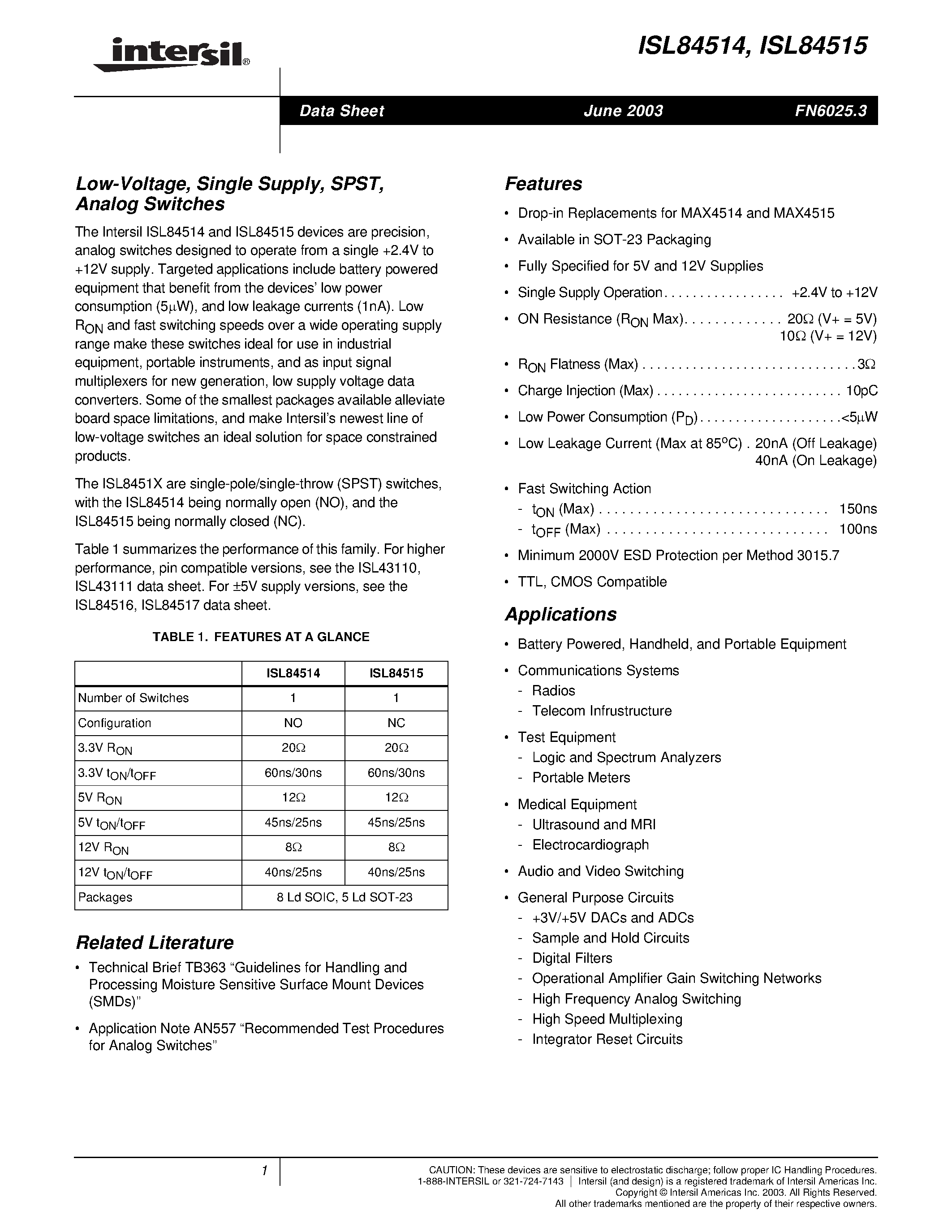 Datasheet ISL84514IB - Low-Voltage/ Single Supply/ SPST/ Analog Switches page 1