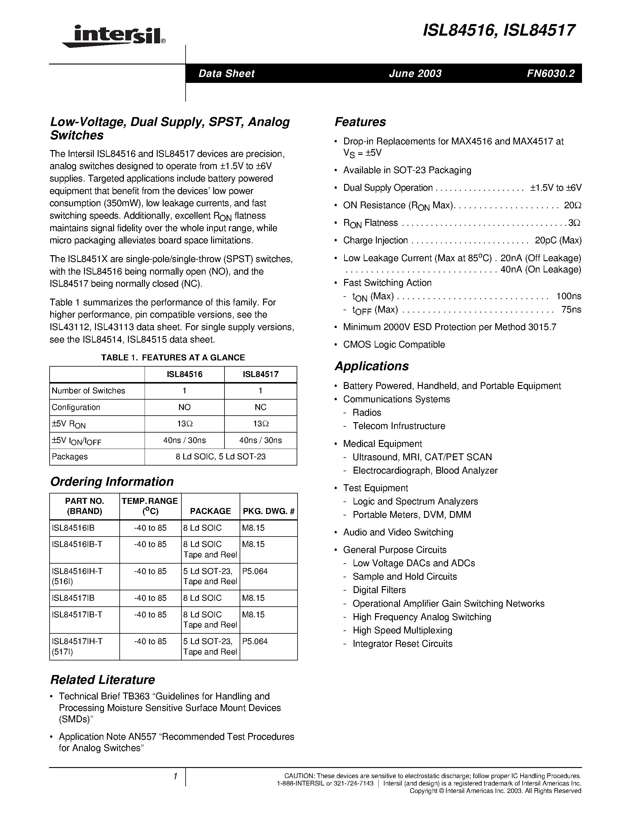 Datasheet ISL84517IB - Low-Voltage/ Dual Supply/ SPST/ Analog Switches page 1