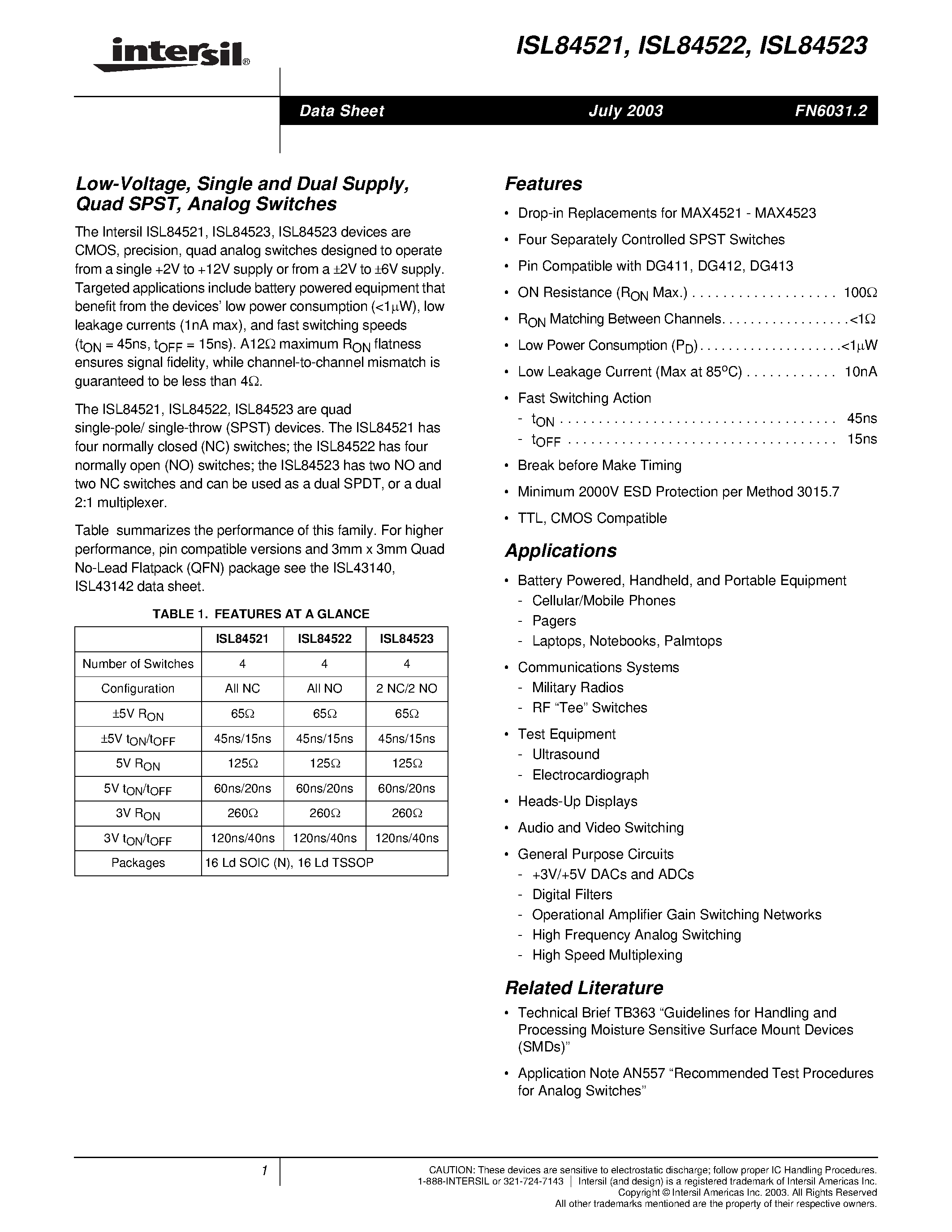 Datasheet ISL84521 - Low-Voltage/ Single and Dual Supply/ Quad SPST/ Analog Switches page 1