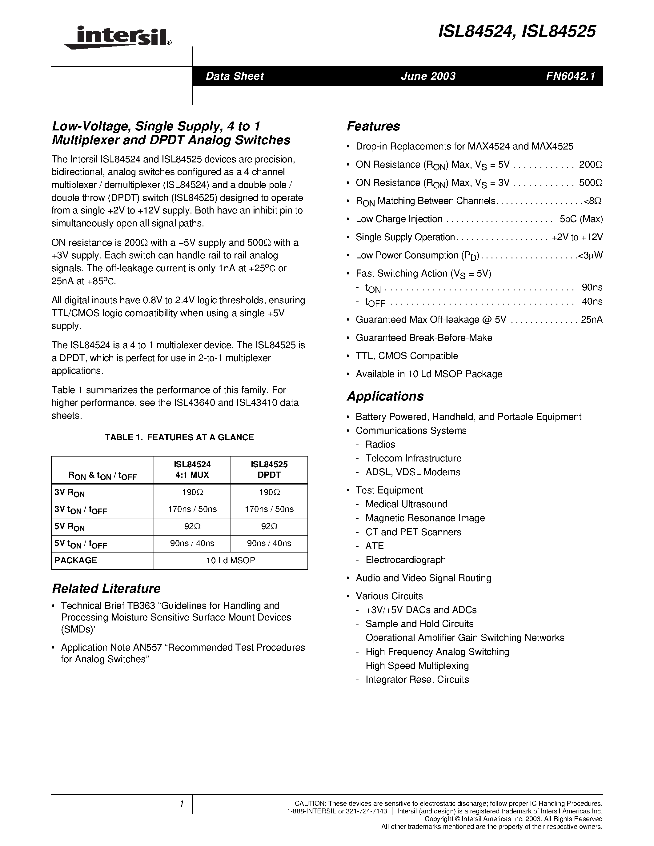 Datasheet ISL84524 - Low-Voltage/ Single Supply/ 4 to 1 Multiplexer and DPDT Analog Switches page 1